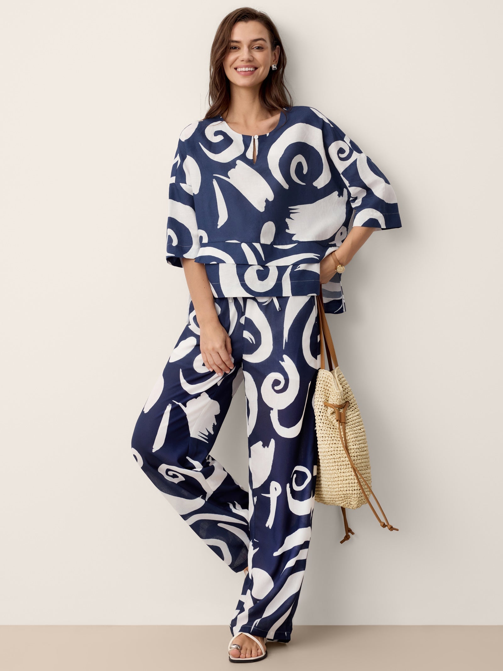 Linen Abstract-Print Straight-Leg Pants ORLA DestGlow