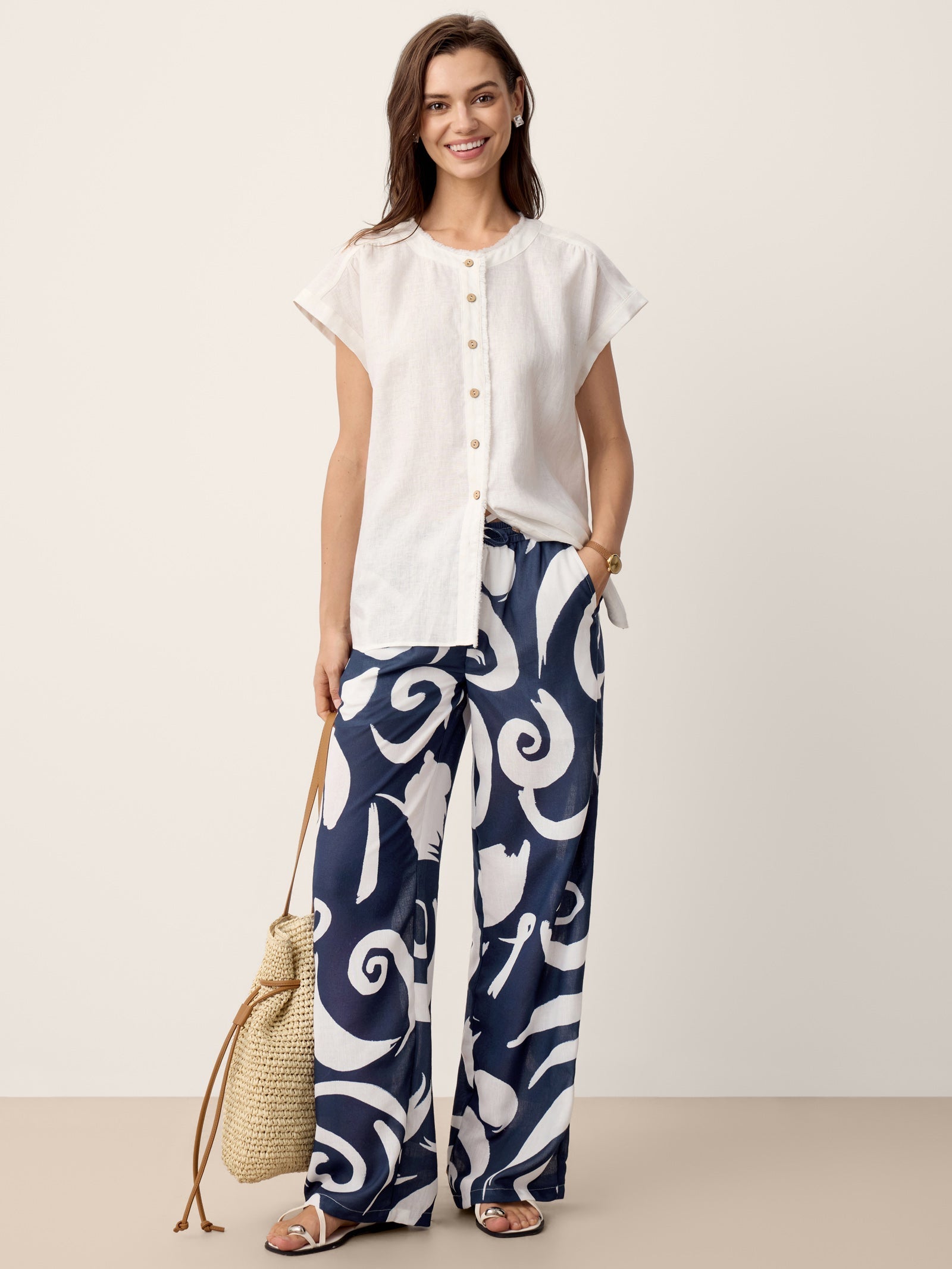 Linen Abstract-Print Straight-Leg Pants ORLA DestGlow