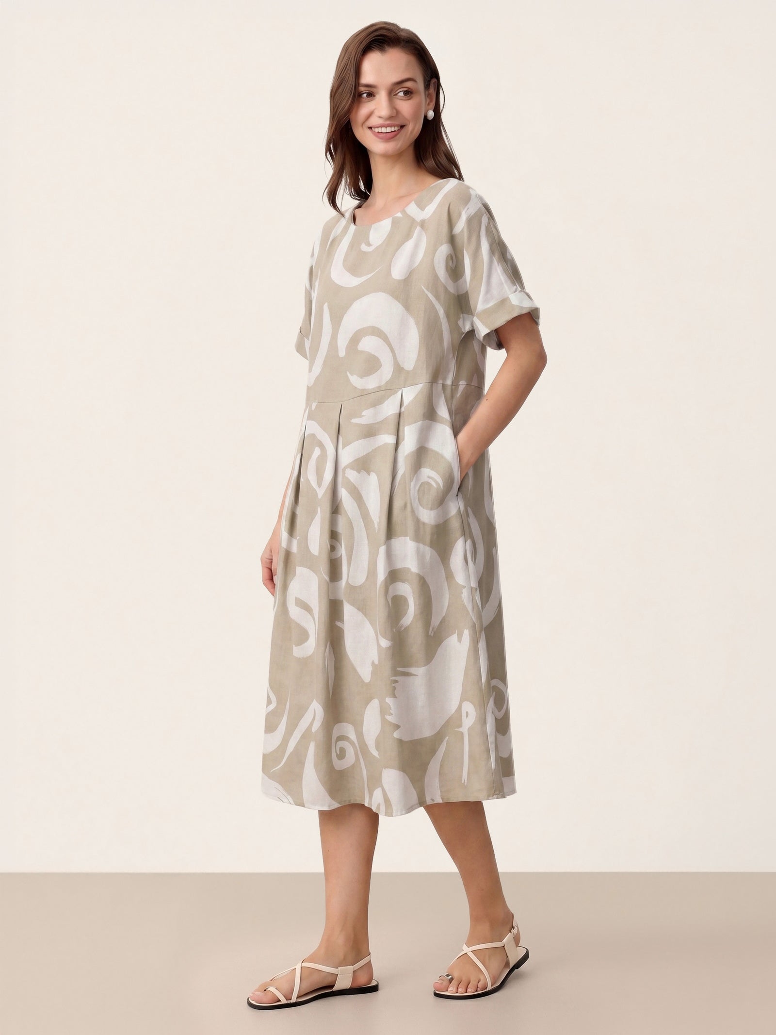 Linen Abstract-Print Pleated-Waist Midi Dress PRIYA