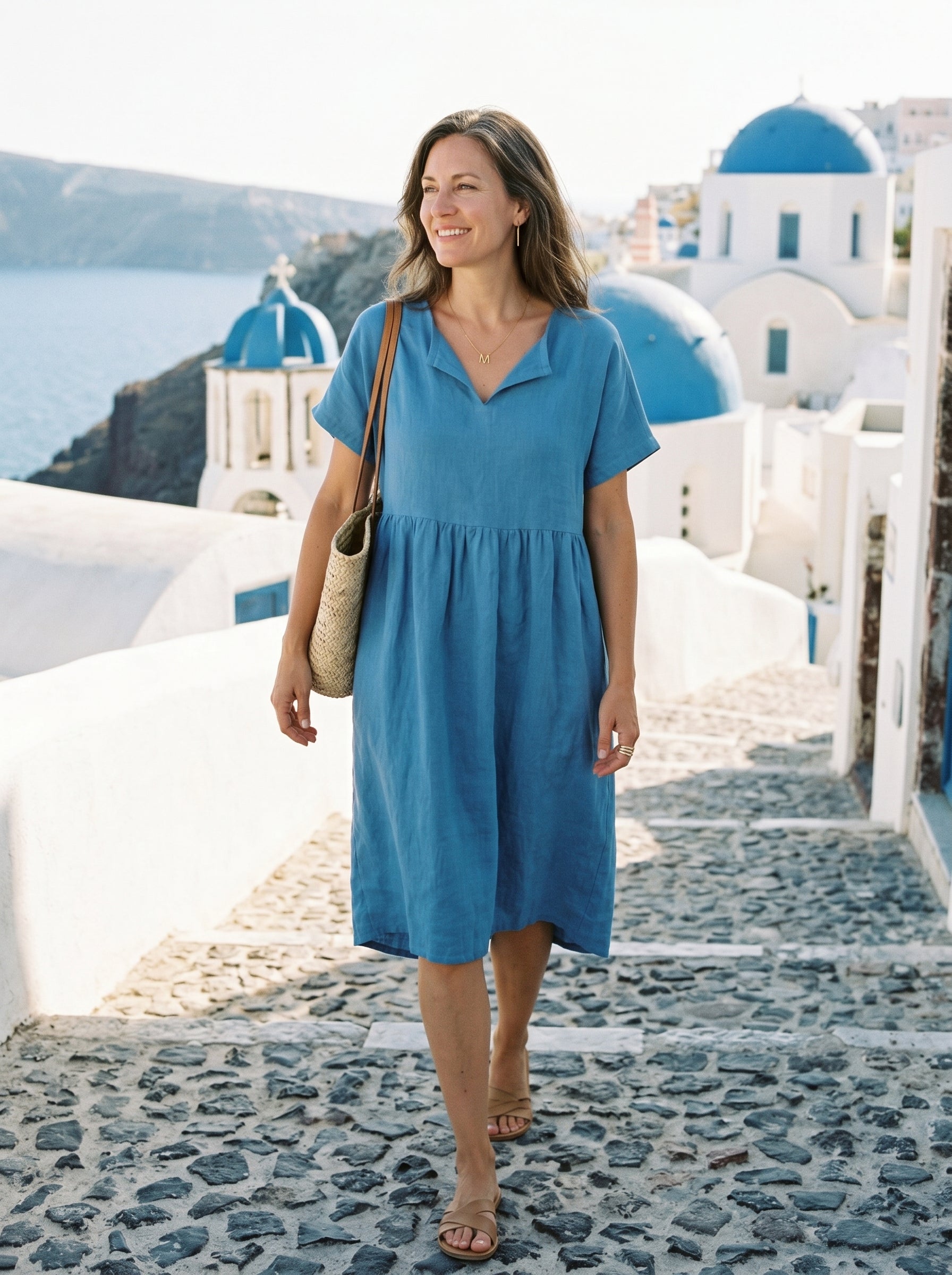 Linen Gathered-Hem Split-Neck Mini Dress SYDNEY DestGlow