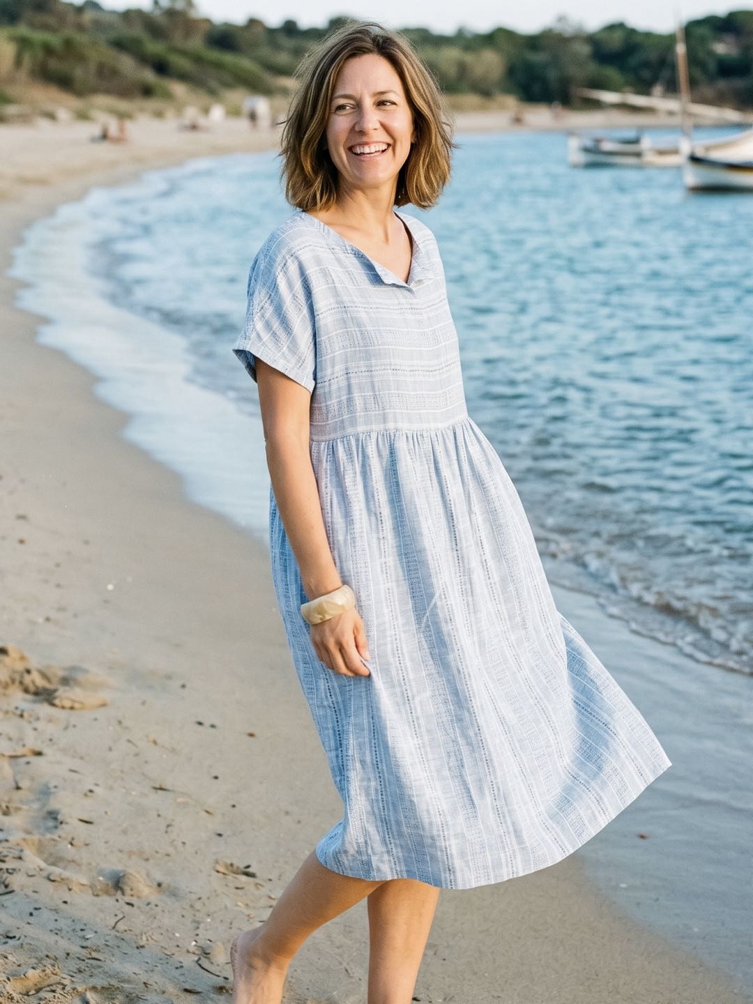 Linen Gathered-Hem Split-Neck Mini Dress SYDNEY DestGlow