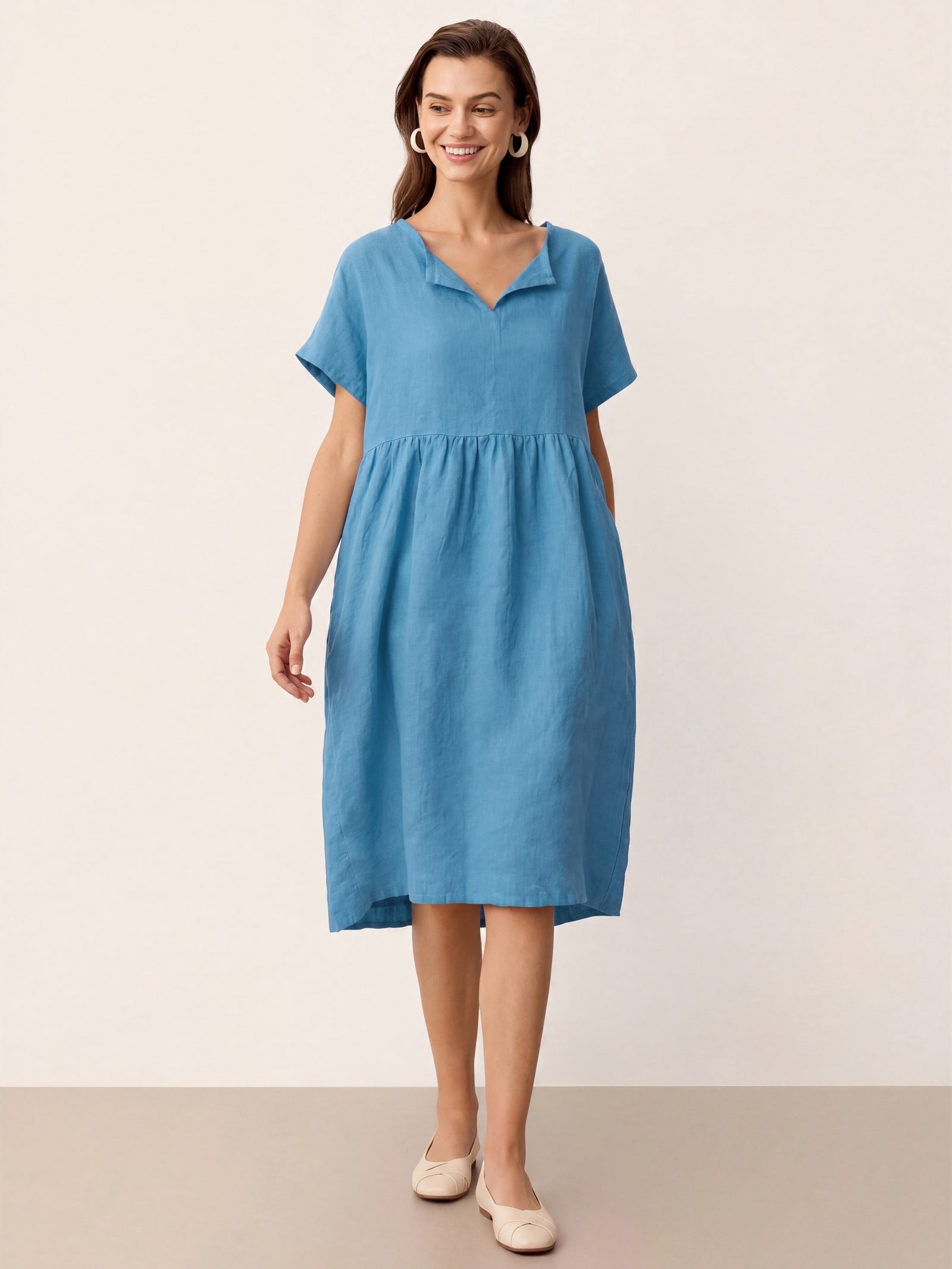 Linen Gathered-Hem Split-Neck Mini Dress SYDNEY DestGlow