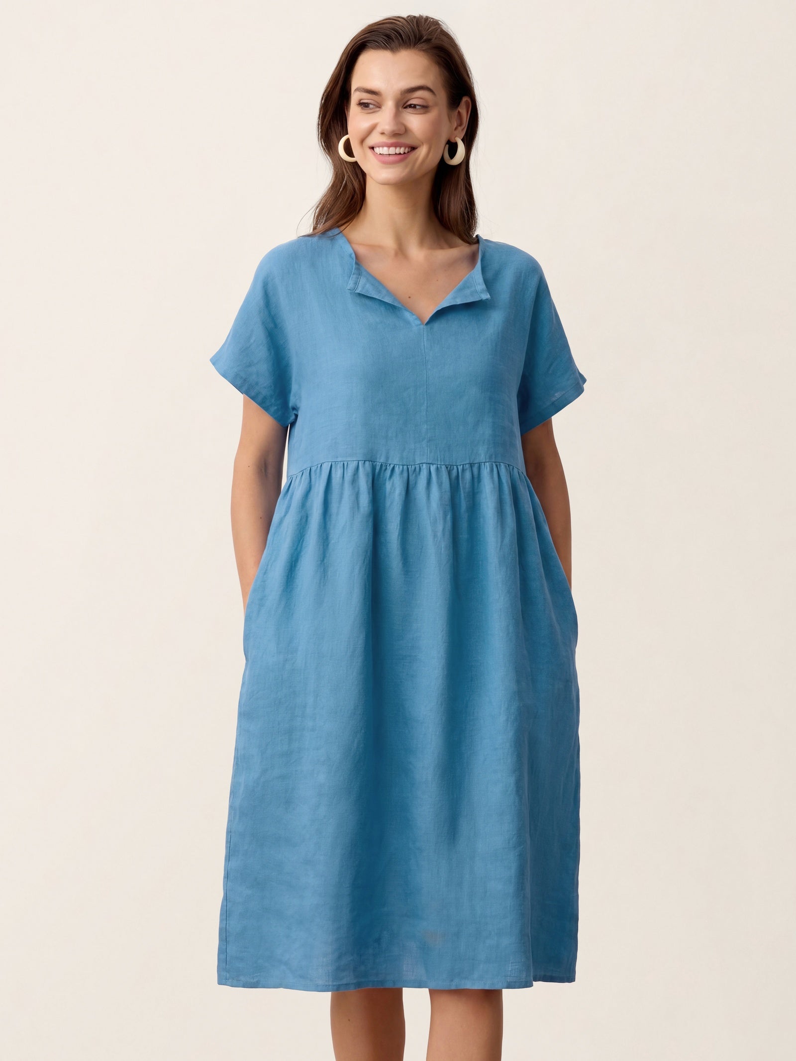 Linen Gathered-Hem Split-Neck Mini Dress SYDNEY DestGlow