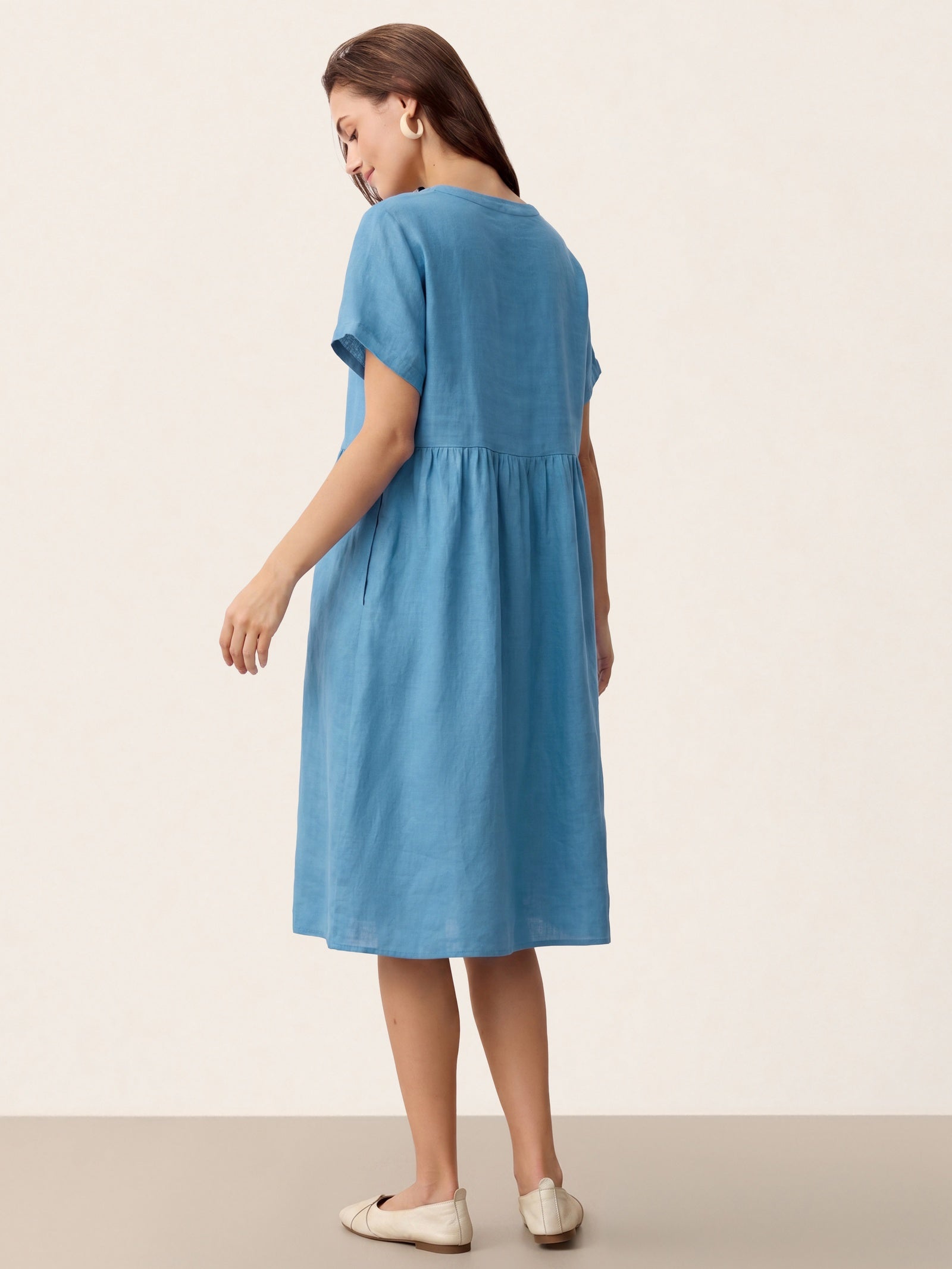 Linen Gathered-Hem Split-Neck Mini Dress SYDNEY DestGlow
