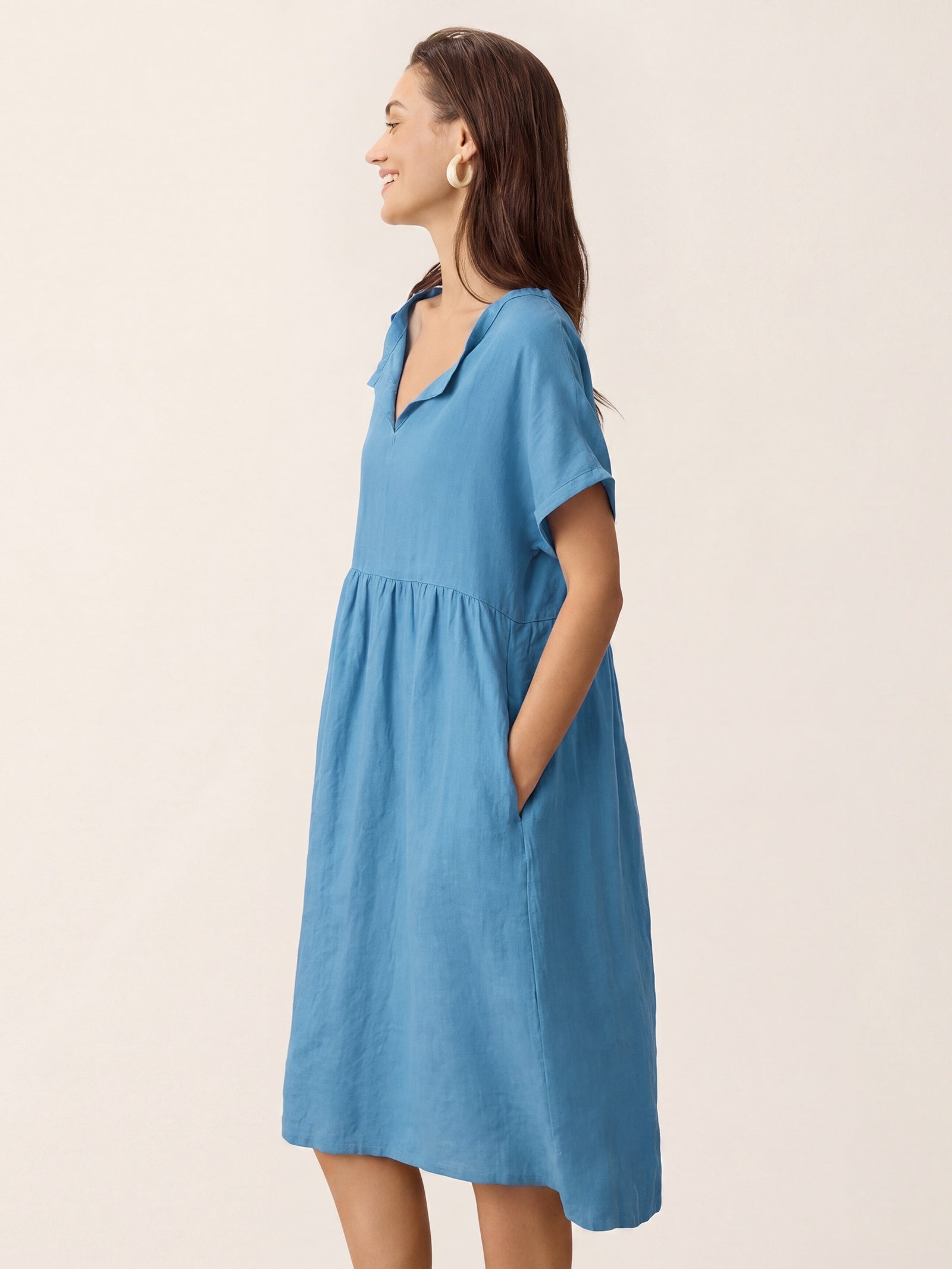 Linen Gathered-Hem Split-Neck Mini Dress SYDNEY DestGlow