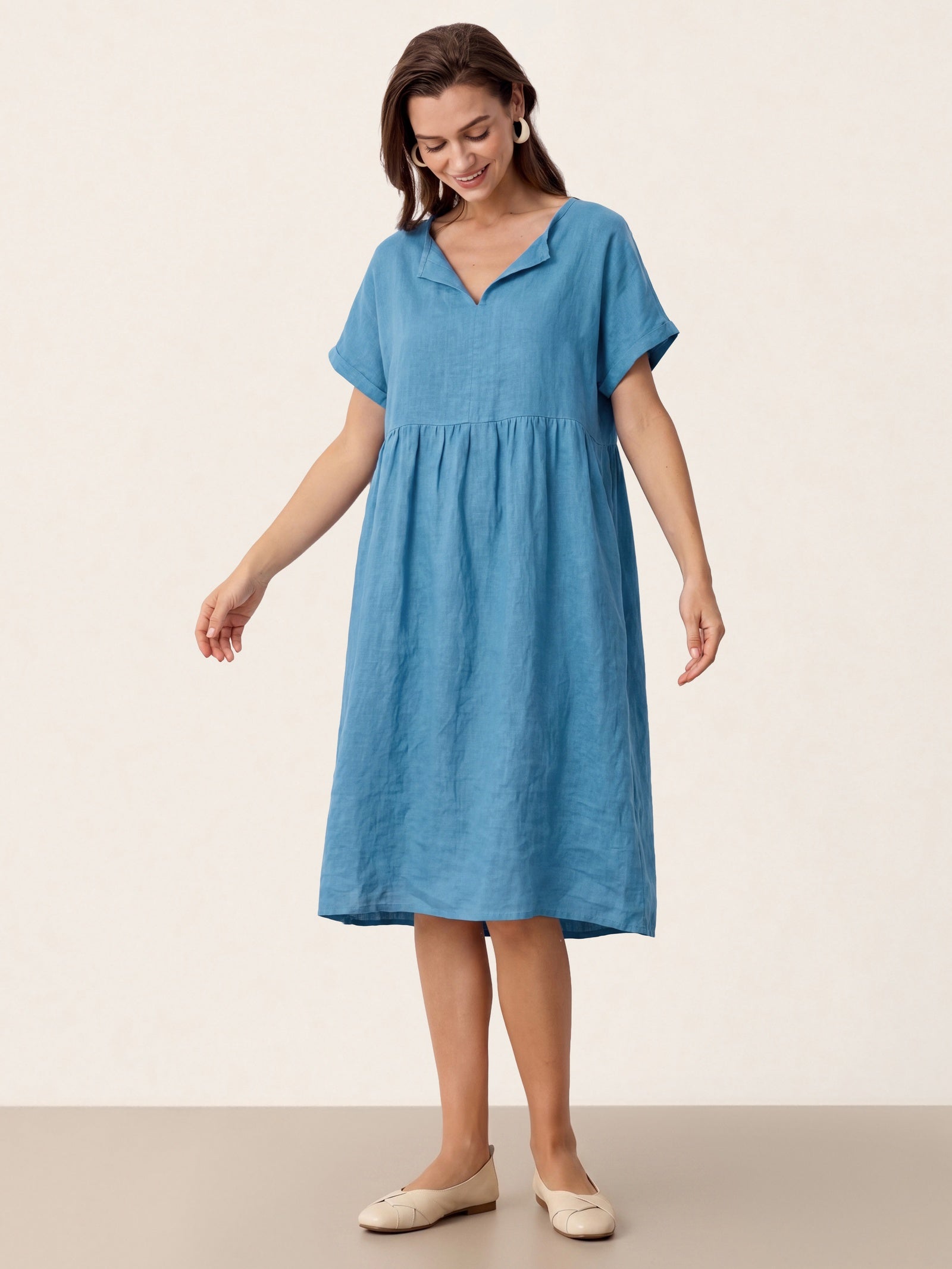 Linen Gathered-Hem Split-Neck Mini Dress SYDNEY DestGlow