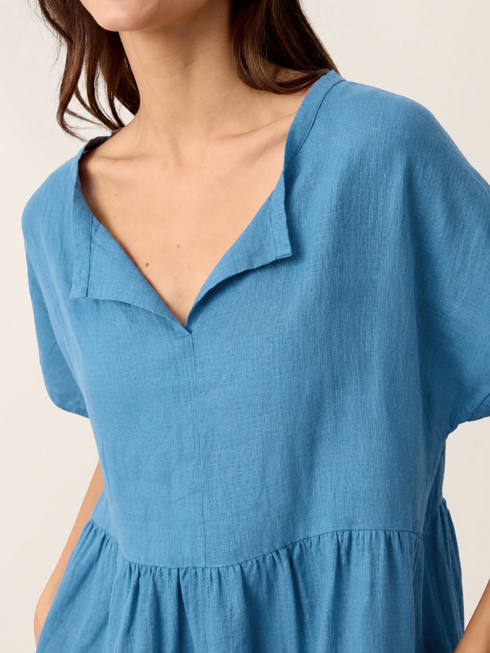Linen Gathered-Hem Split-Neck Mini Dress SYDNEY DestGlow