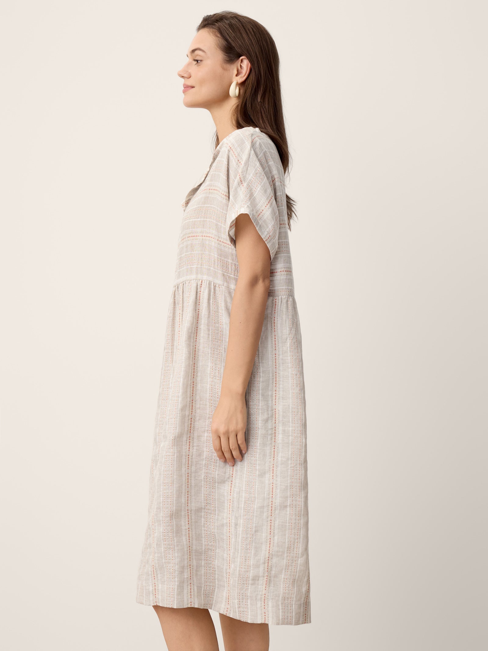 Linen Gathered-Hem Split-Neck Mini Dress SYDNEY DestGlow