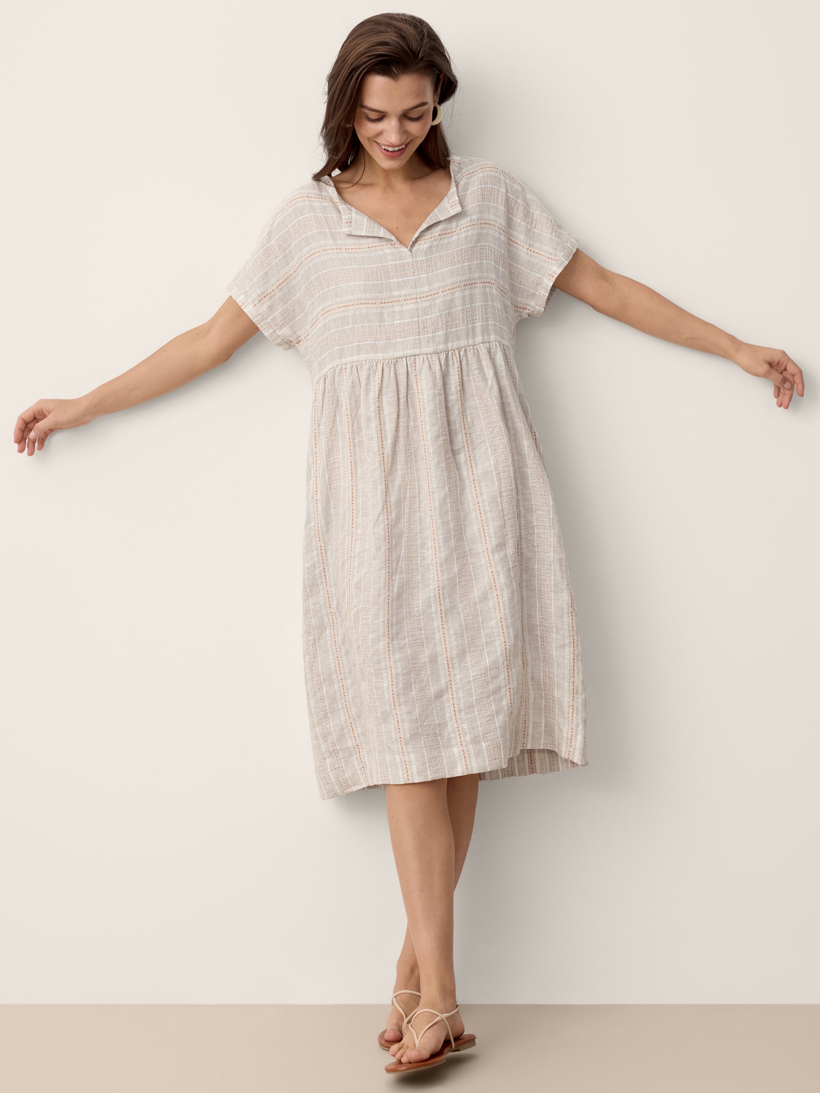 Linen Gathered-Hem Split-Neck Mini Dress SYDNEY DestGlow