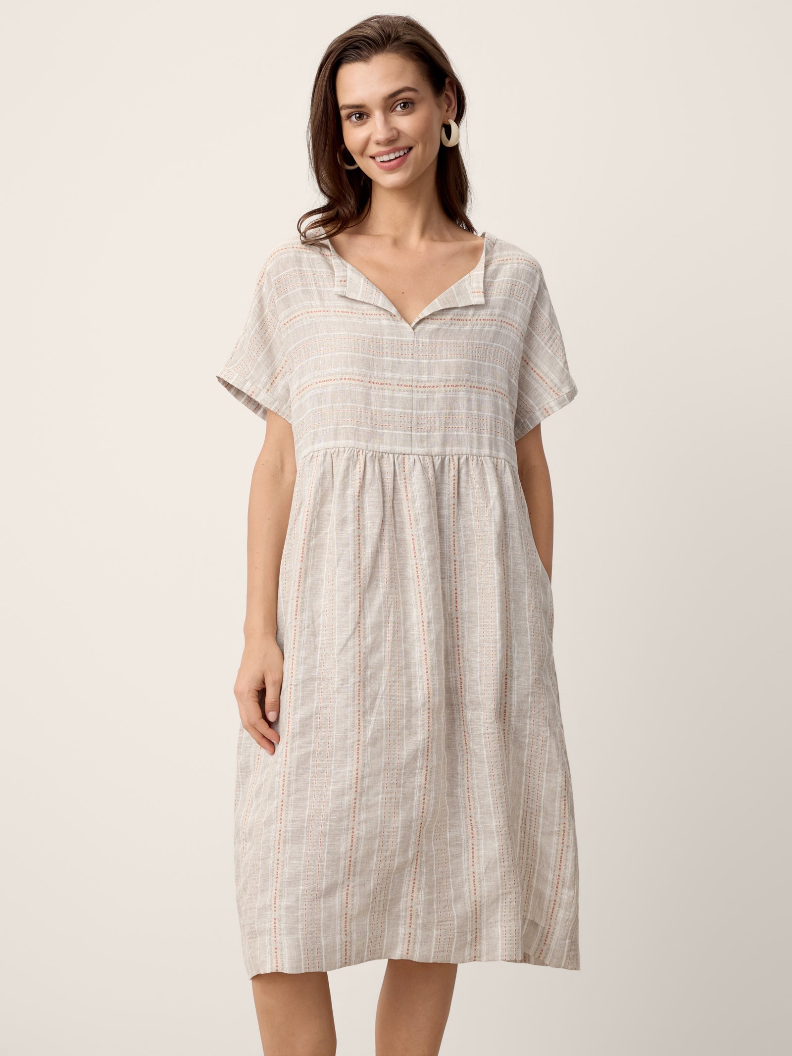 Linen Gathered-Hem Split-Neck Mini Dress SYDNEY DestGlow
