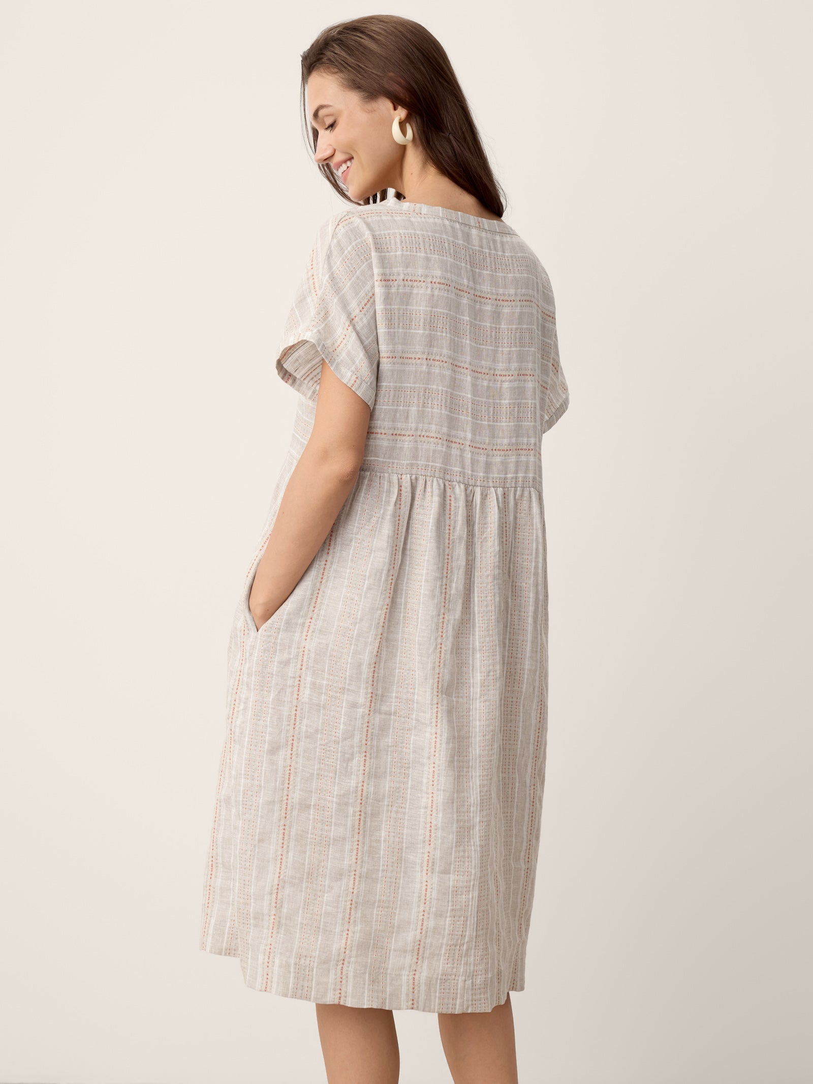 Linen Gathered-Hem Split-Neck Mini Dress SYDNEY DestGlow