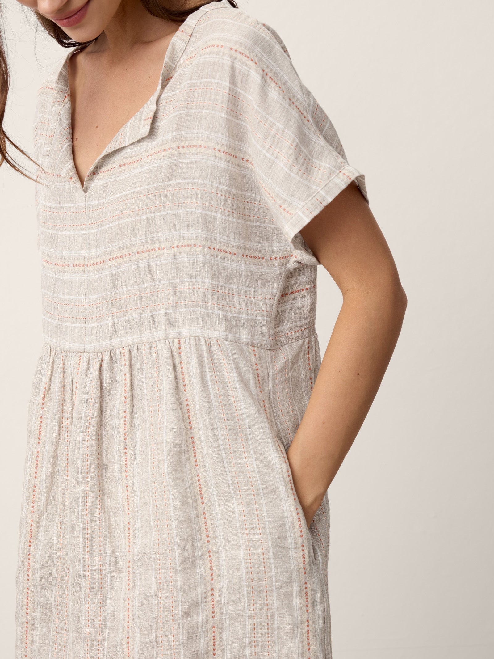 Linen Gathered-Hem Split-Neck Mini Dress SYDNEY DestGlow