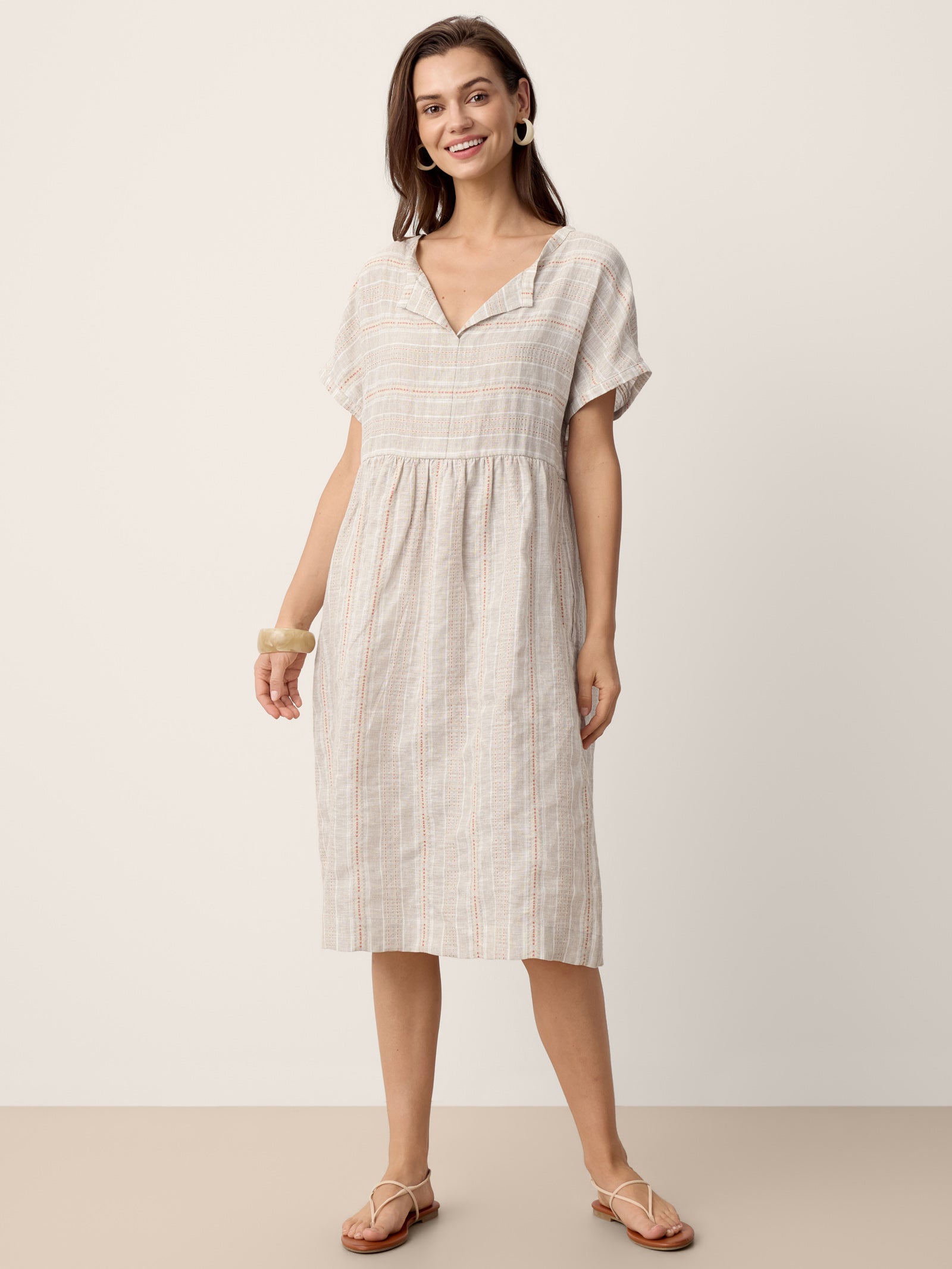 Linen Gathered-Hem Split-Neck Mini Dress SYDNEY DestGlow