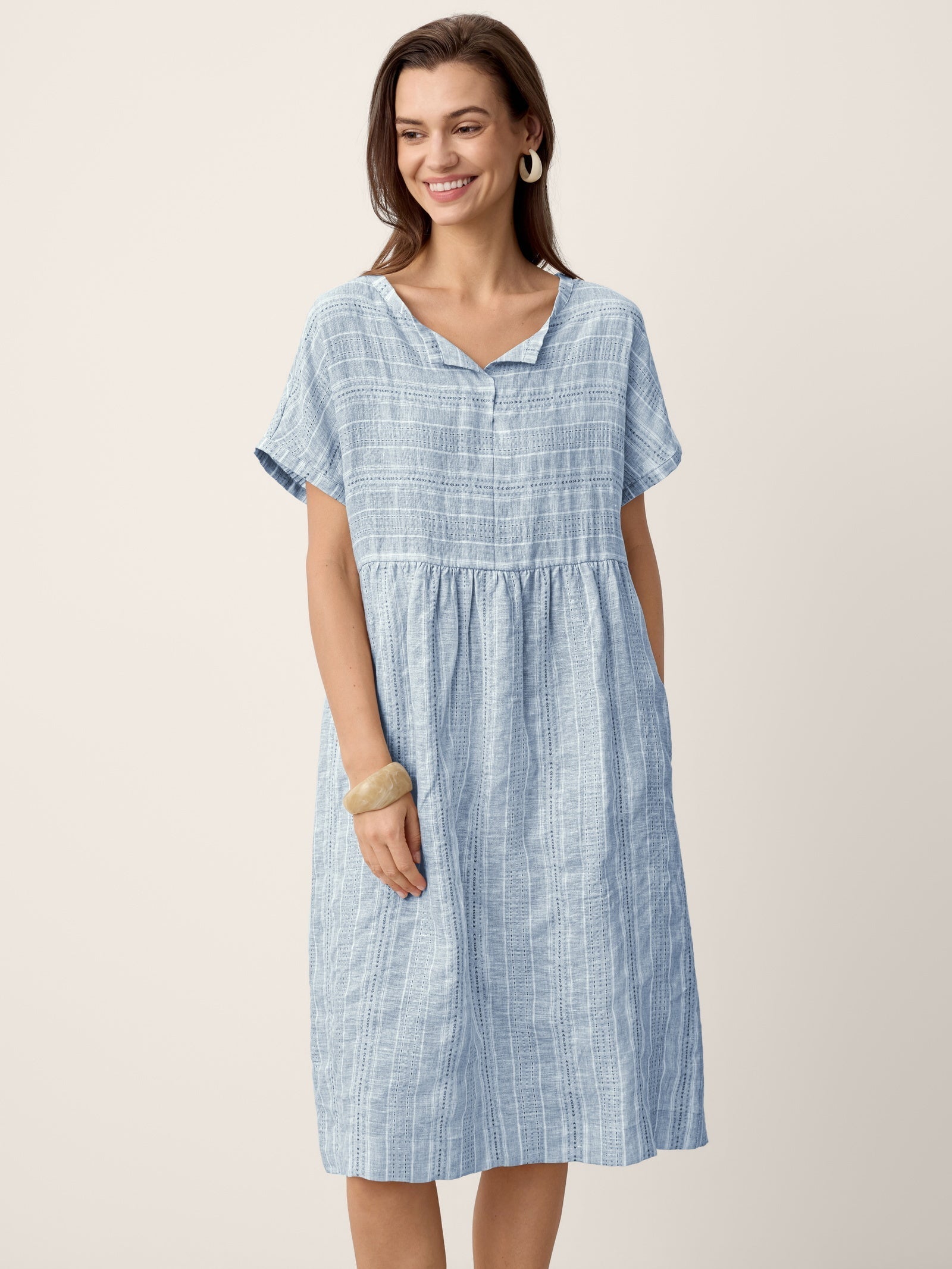 Linen Gathered-Hem Split-Neck Mini Dress SYDNEY DestGlow
