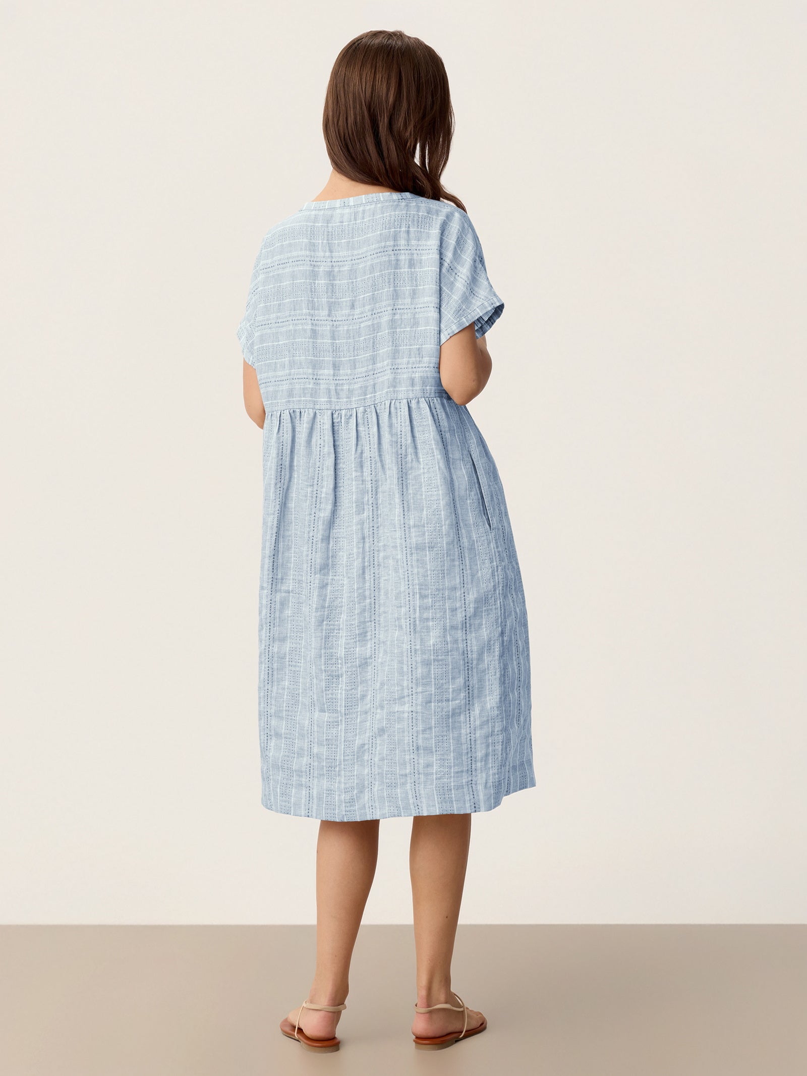 Linen Gathered-Hem Split-Neck Mini Dress SYDNEY DestGlow