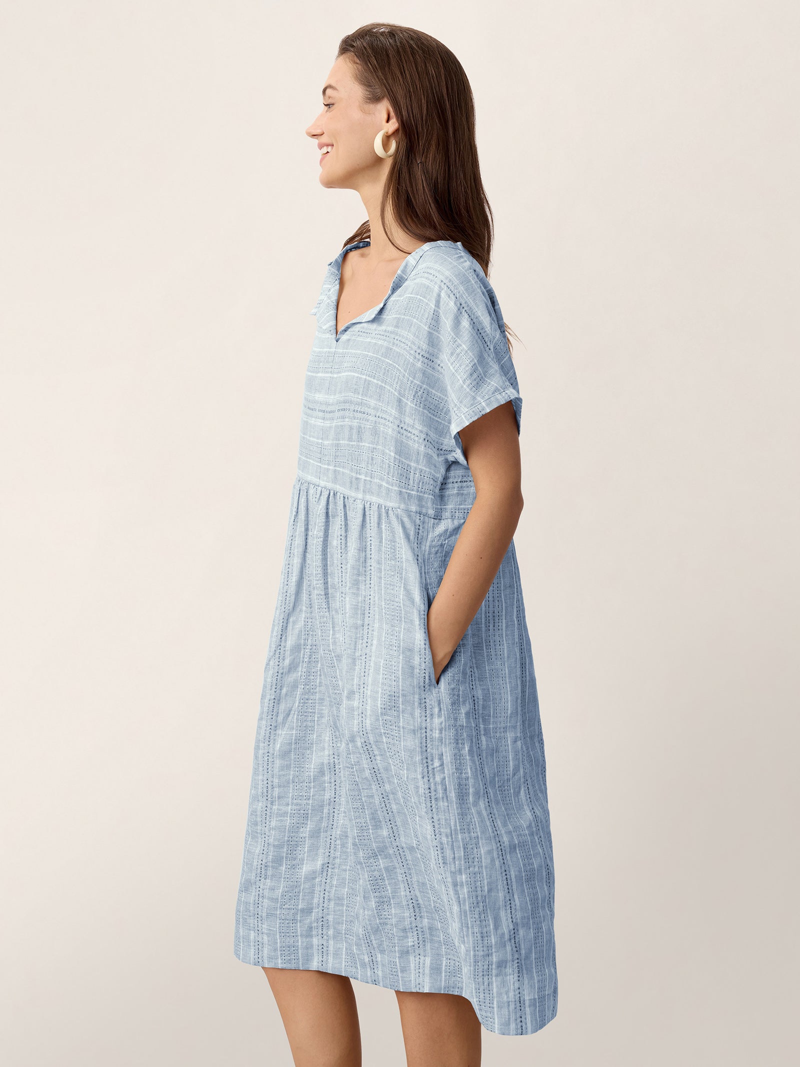 Linen Gathered-Hem Split-Neck Mini Dress SYDNEY DestGlow