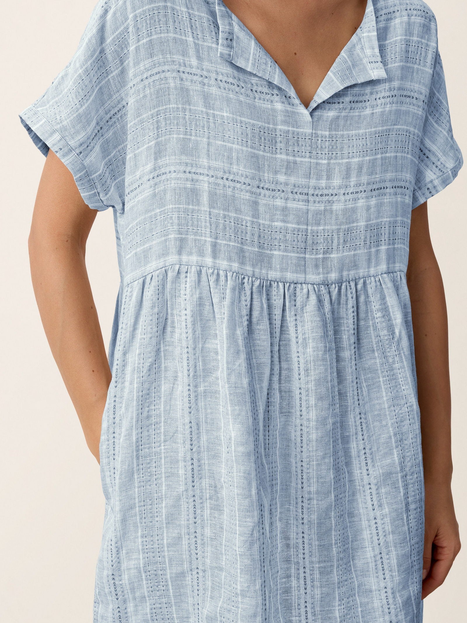 Linen Gathered-Hem Split-Neck Mini Dress SYDNEY DestGlow