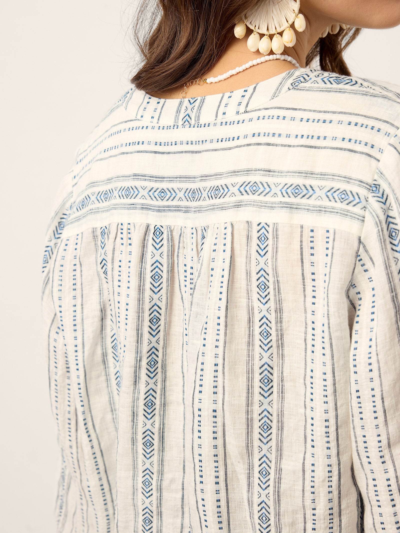 Linen Tribal Stripe Split Neck Bohemian Blouse KERENZA by LINTICO