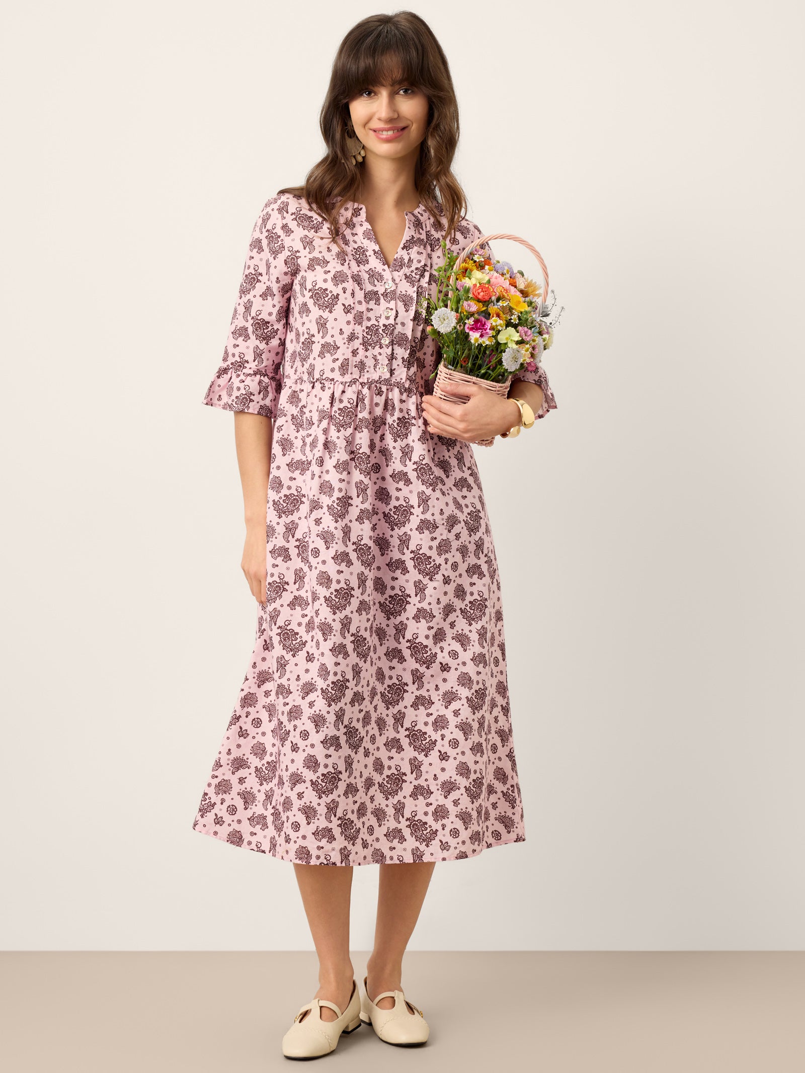 Linen Paisley Pintucked Ruffle-Cuff Midi Dress MAELYN by LINTICO