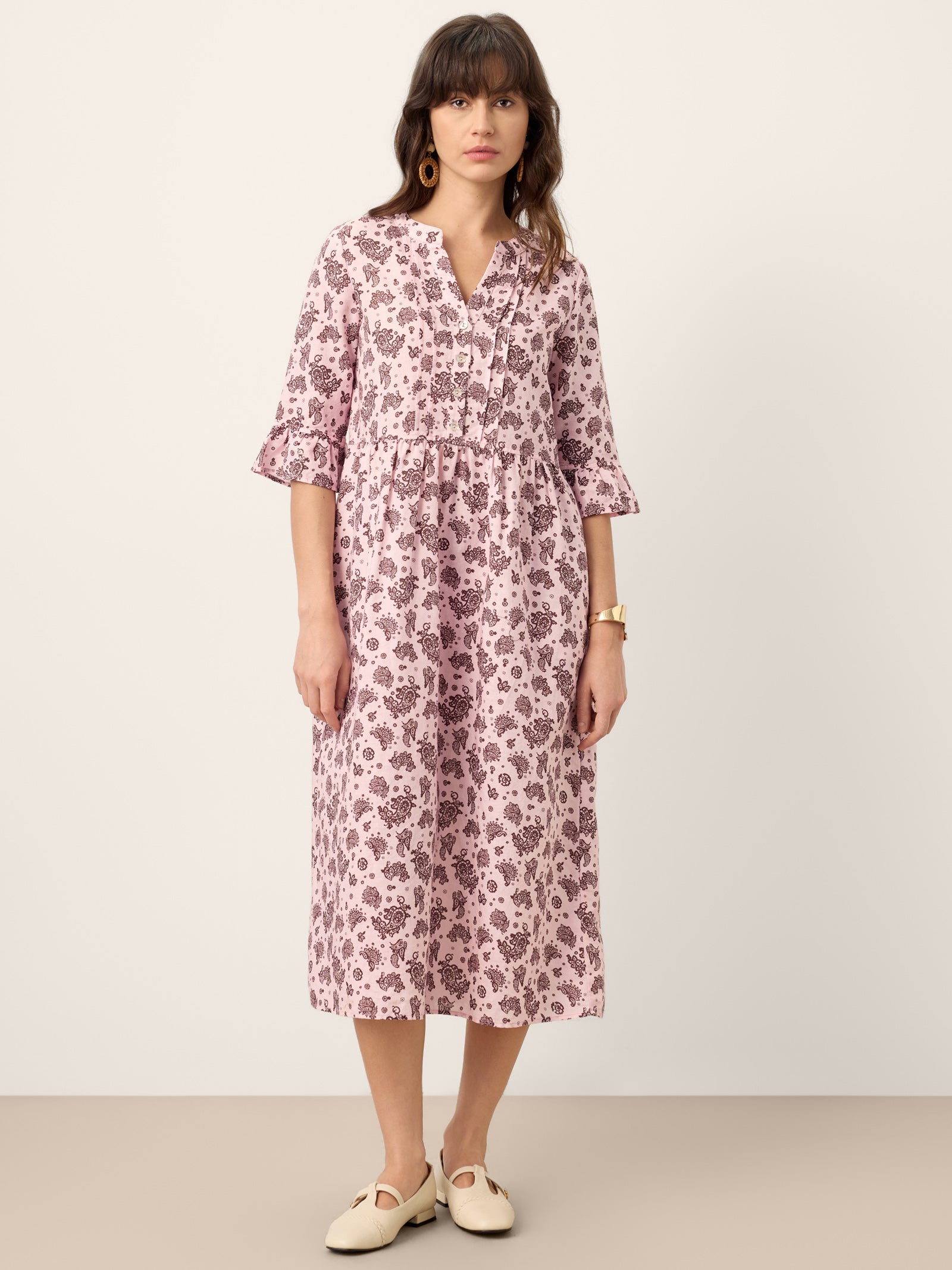 Linen Paisley Pintucked Ruffle-Cuff Midi Dress MAELYN by LINTICO
