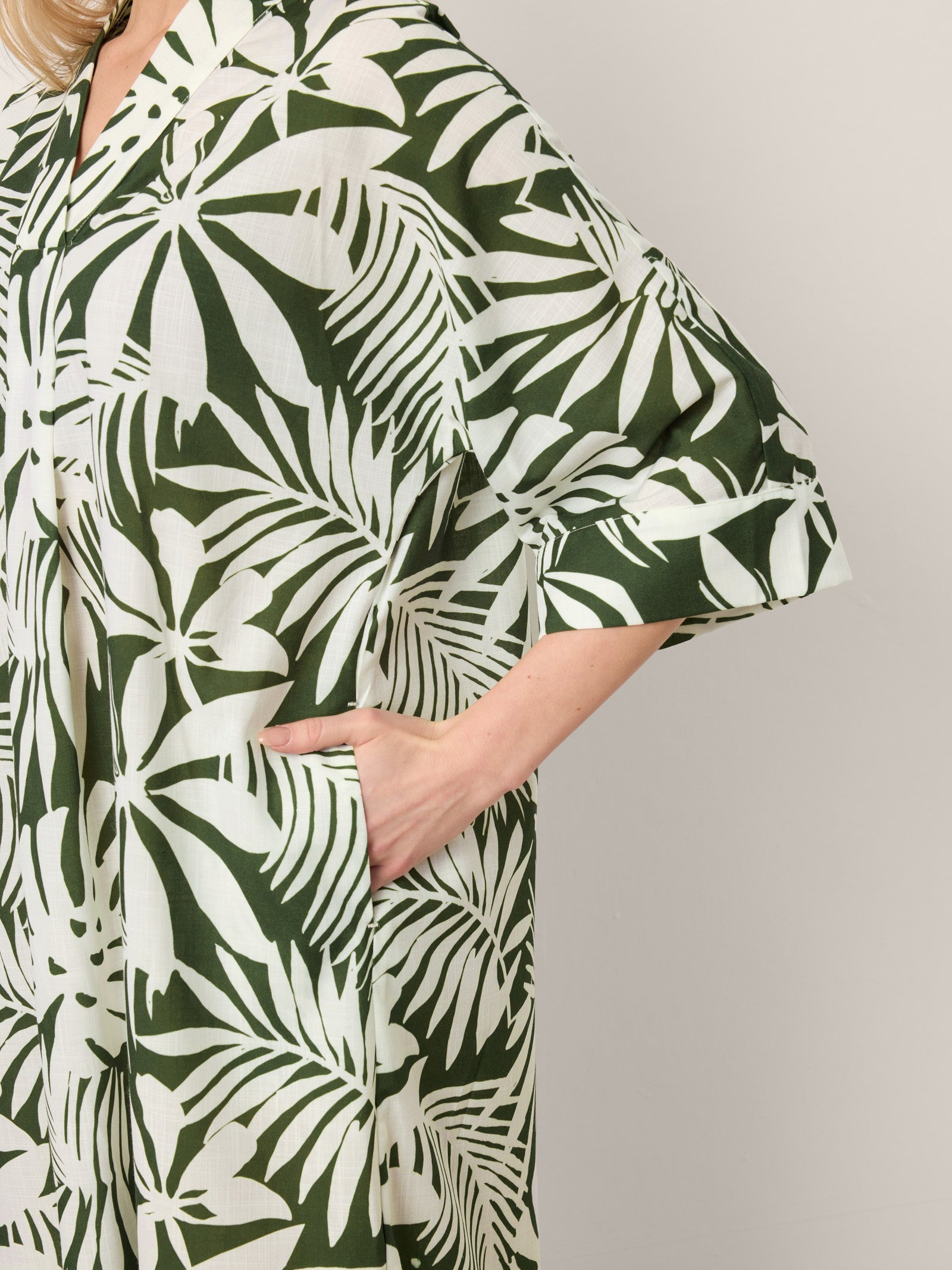 Linen Palm Print Camp Collar Relaxed Maxi Shirt Dress MINERVA by LINTICO