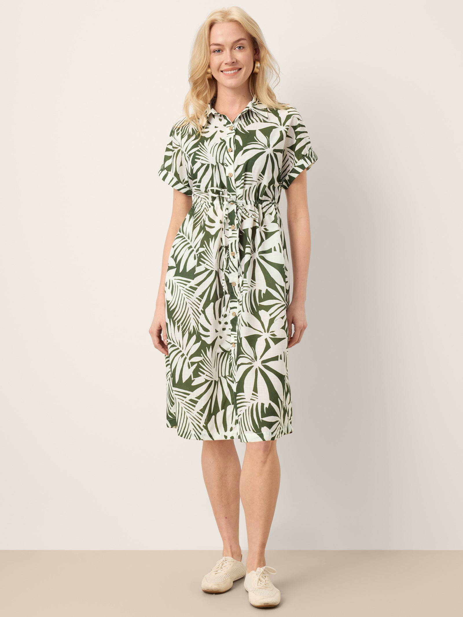 Linen Palm Print Drawstring Waist Cuffed Sleeve Midi Shirt Dress AURELIA by LINTICO