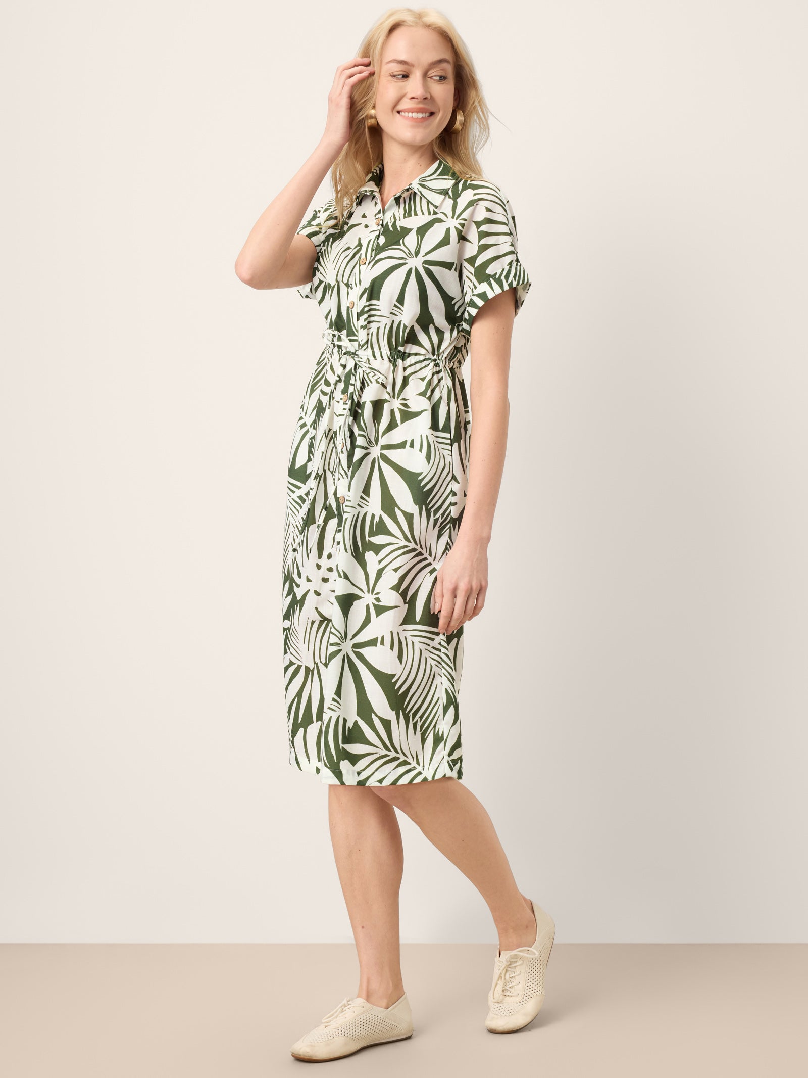 Linen Palm Print Drawstring Waist Cuffed Sleeve Midi Shirt Dress AURELIA by LINTICO