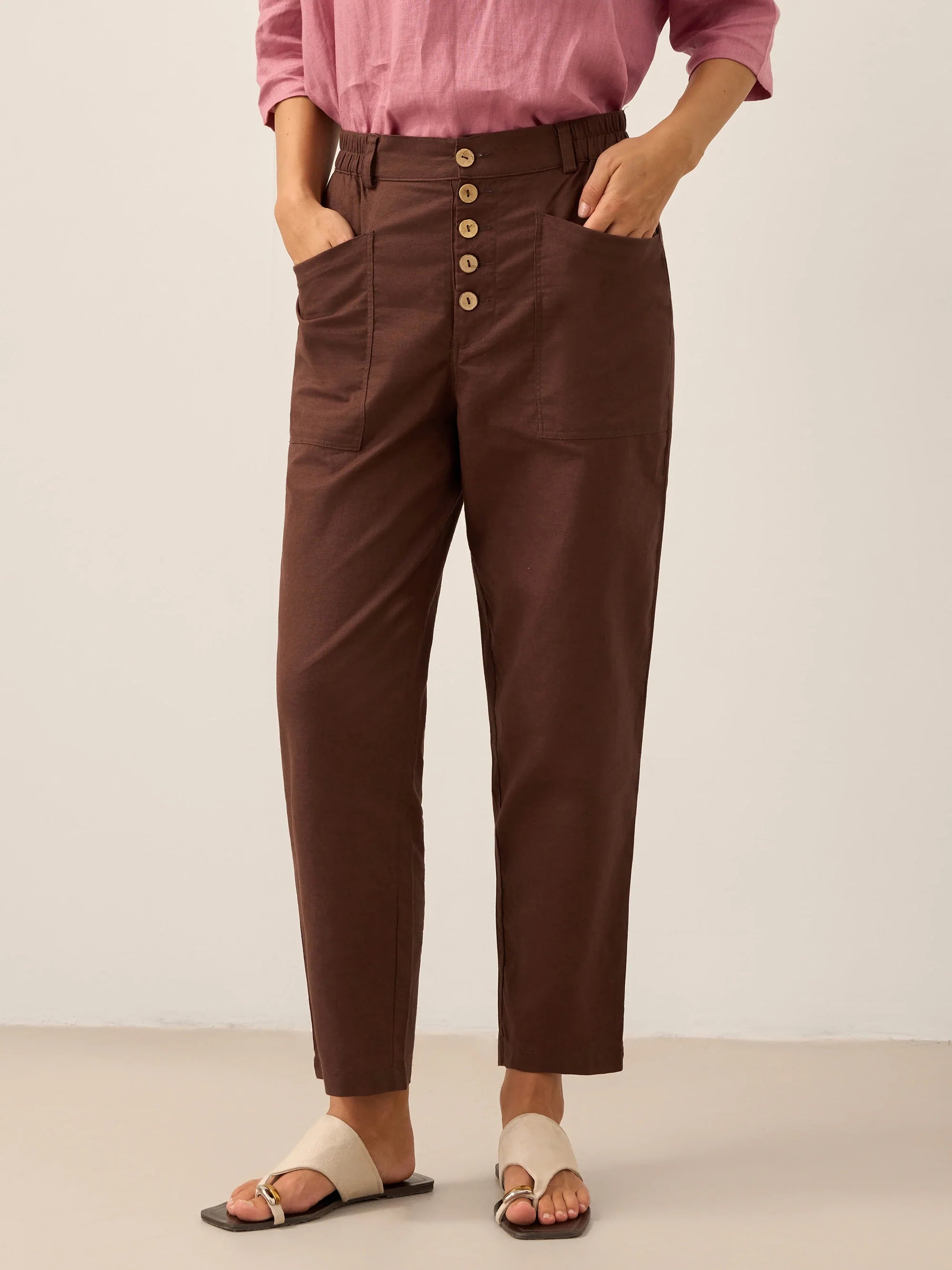 Linen Simple Button Fly Trousers HEIDI by LINTICO