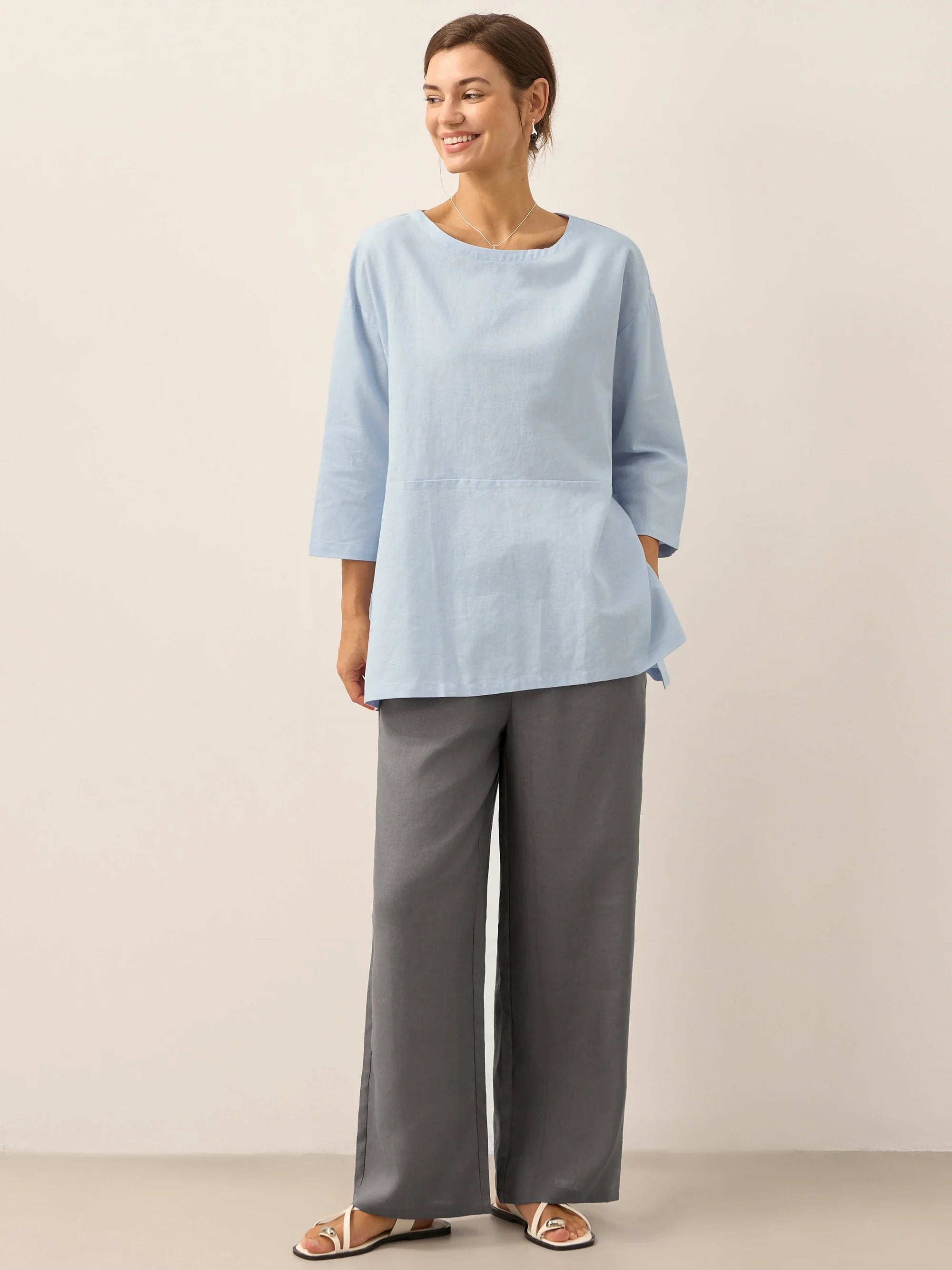 Linen White Boat Neck Oversized Top AVA by LINTICO