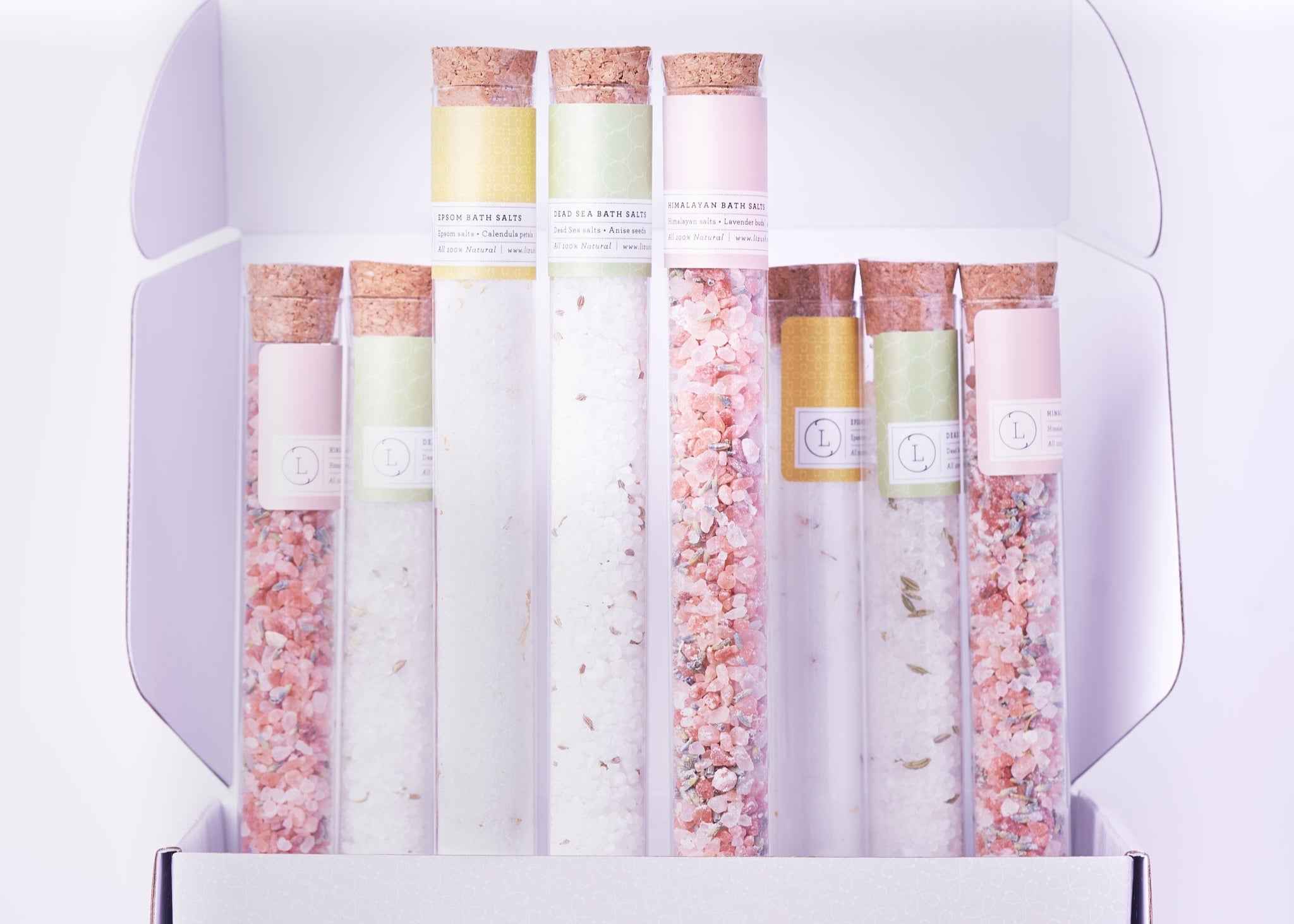 Natural Bath Salts Gift set in 8 Glass Tubes, Luxurious Bath Experience