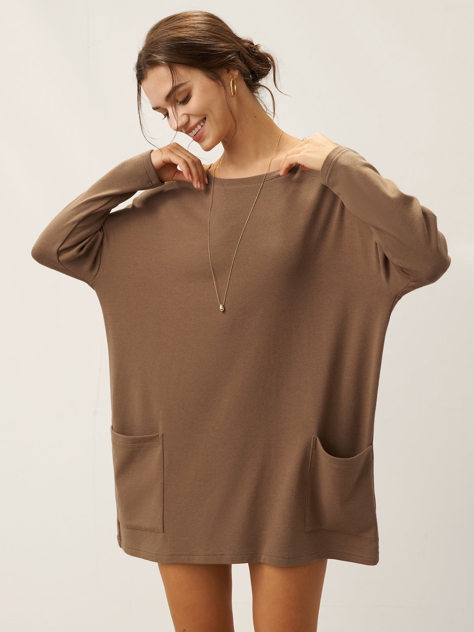Lenzing Tencel Modal® Long Drop Shoulder Stretch Pullover Top with Patch Pockets DestGlow