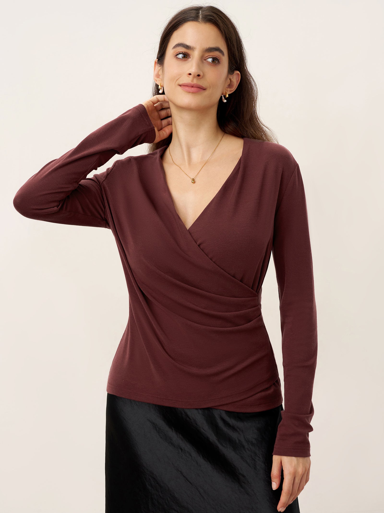 Wool Lyocell Asymmetric Ruched Overlap V-Neck Top TILLY by LINTICO