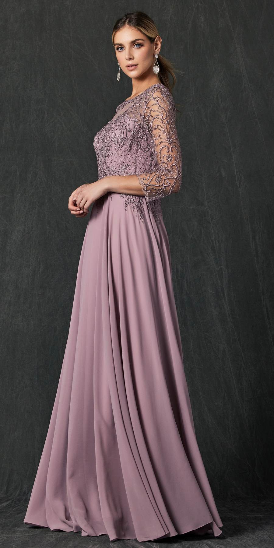 Juliet M11 Appliqued Long A-Line Dress Chiffon Quarter Sleeves by DiscountDressShop