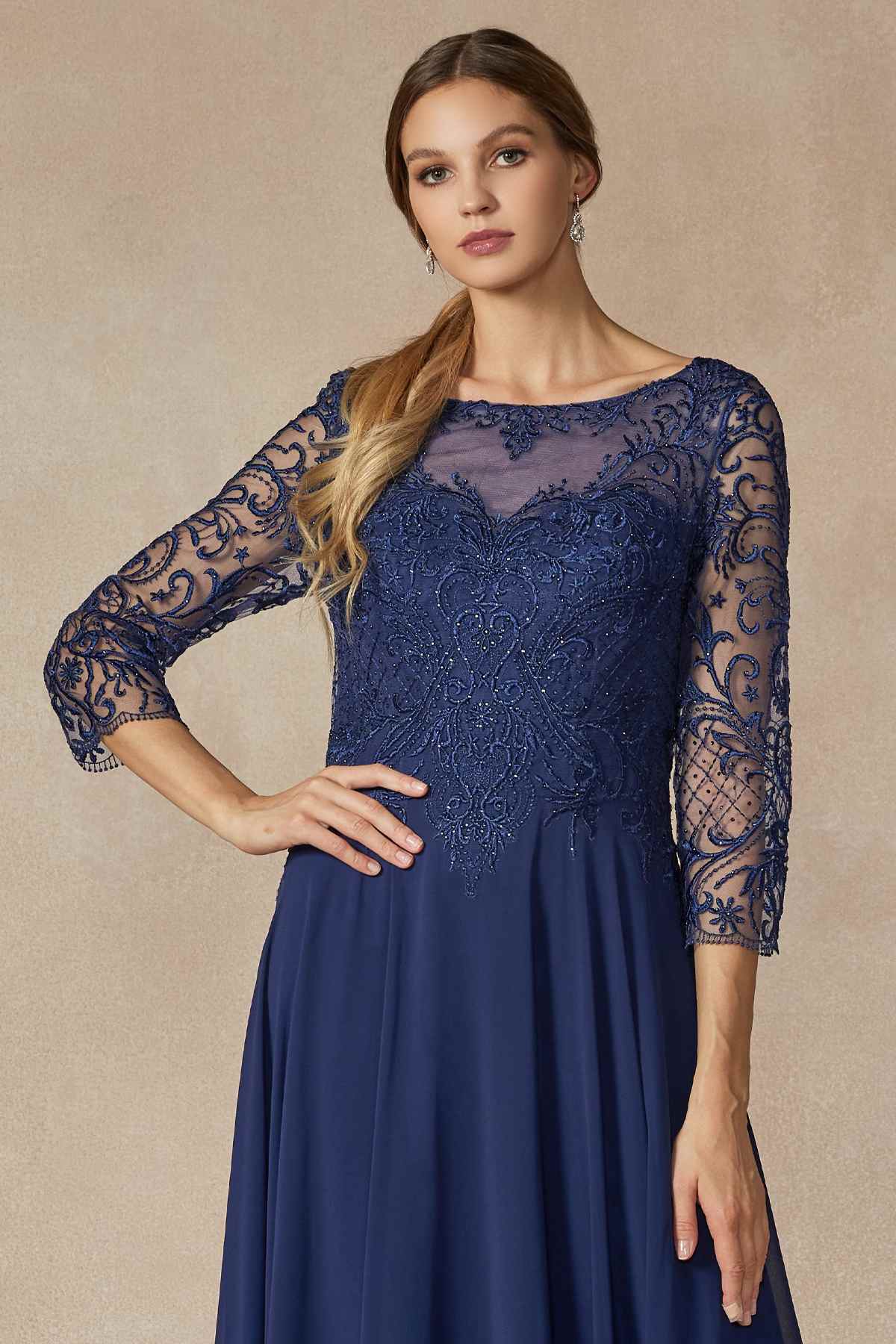 Juliet M11 Appliqued Long A-Line Dress Chiffon Quarter Sleeves by DiscountDressShop