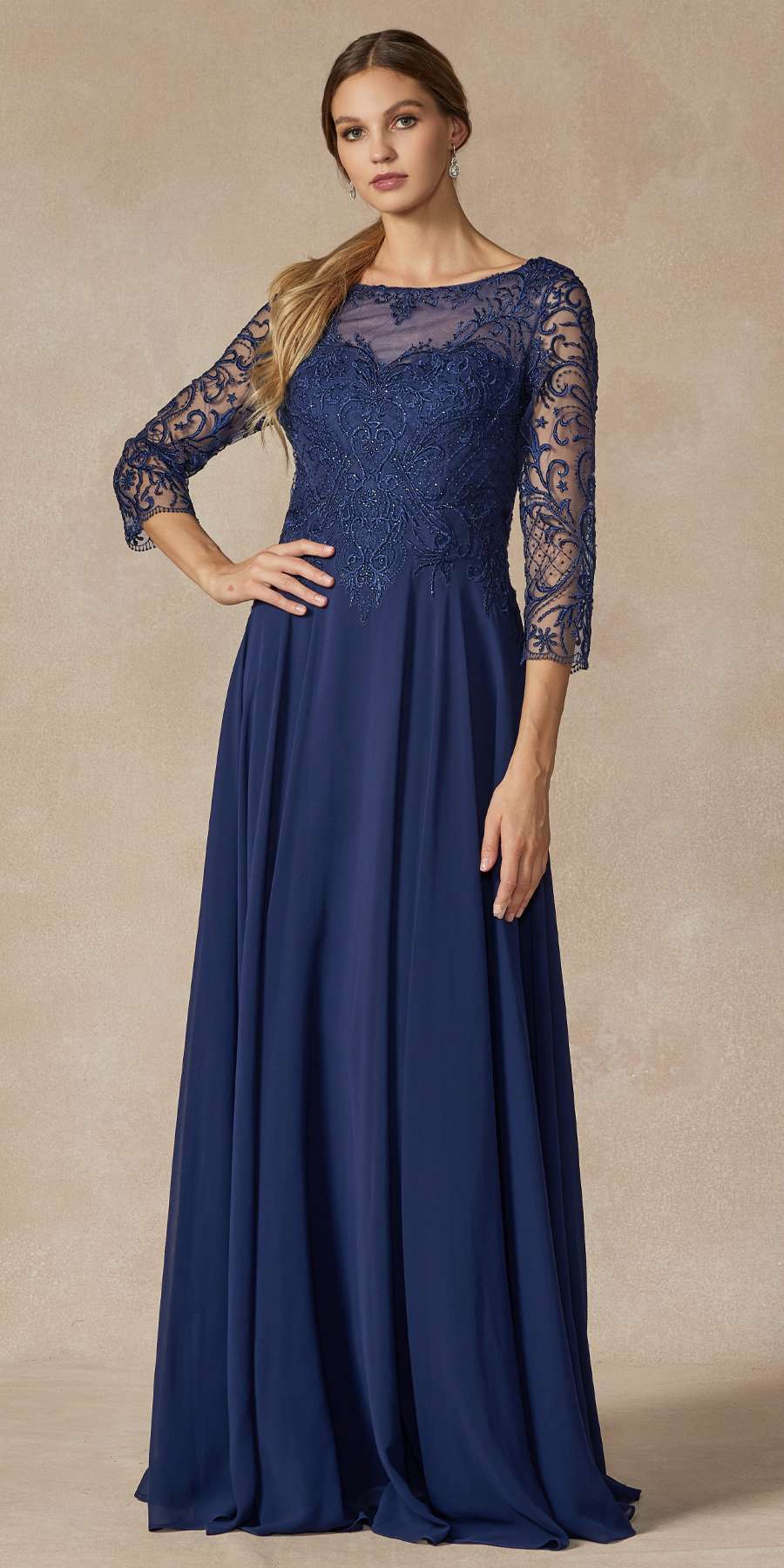 Juliet M11 Appliqued Long A-Line Dress Chiffon Quarter Sleeves by DiscountDressShop