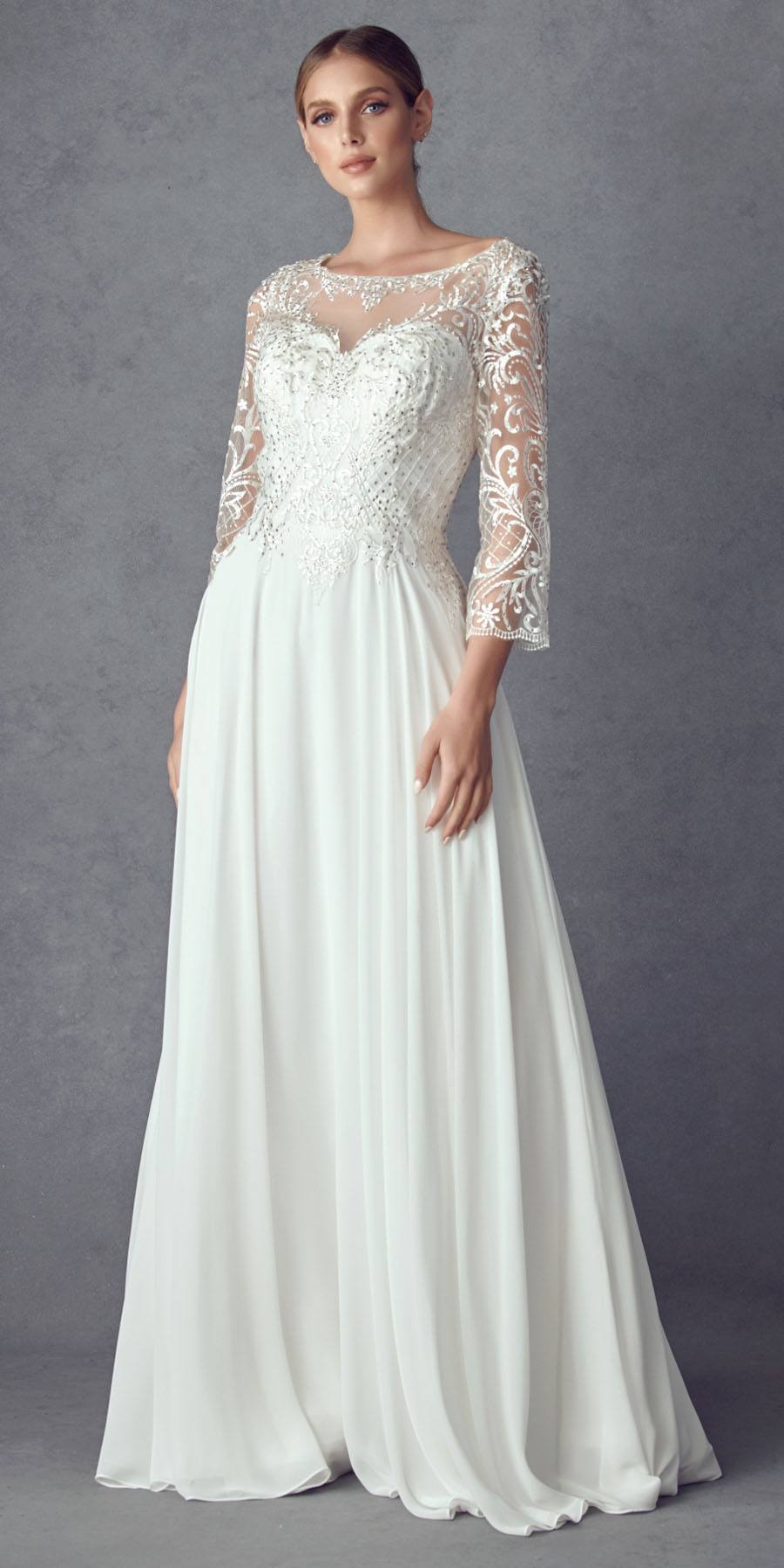 Juliet M11 Appliqued Long A-Line Dress Chiffon Quarter Sleeves by DiscountDressShop