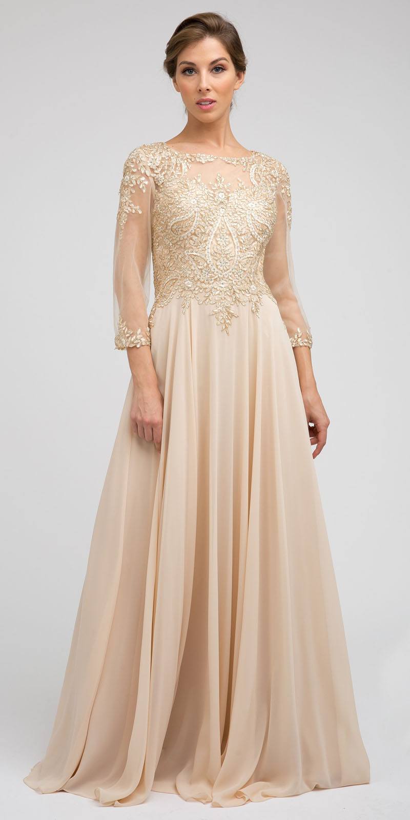 Juliet M12 Quarter Sleeved Embroidered Long A-Line Chiffon Dress by DiscountDressShop