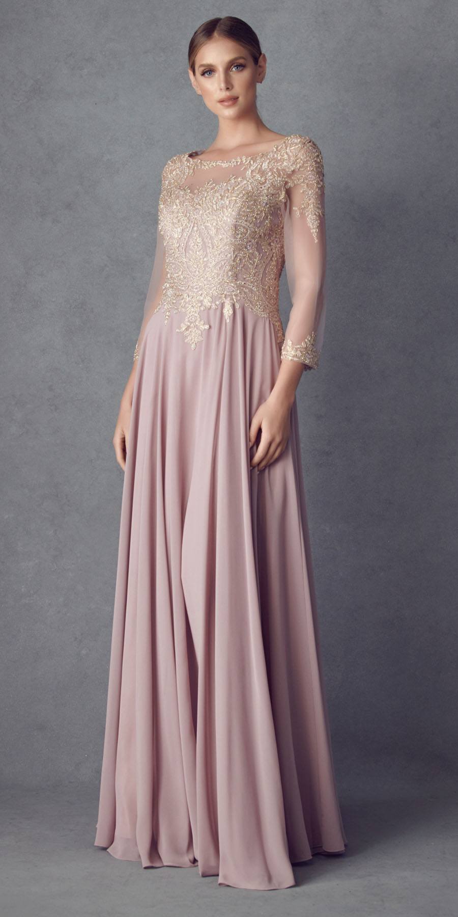 Juliet M12 Quarter Sleeved Embroidered Long A-Line Chiffon Dress by DiscountDressShop