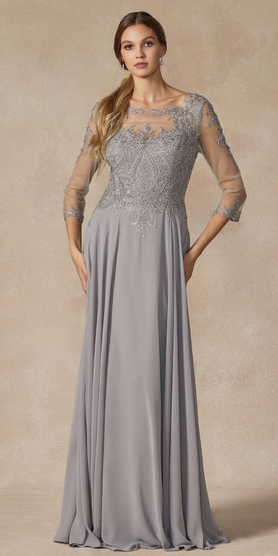 Juliet M12 Quarter Sleeved Embroidered Long A-Line Chiffon Dress by DiscountDressShop