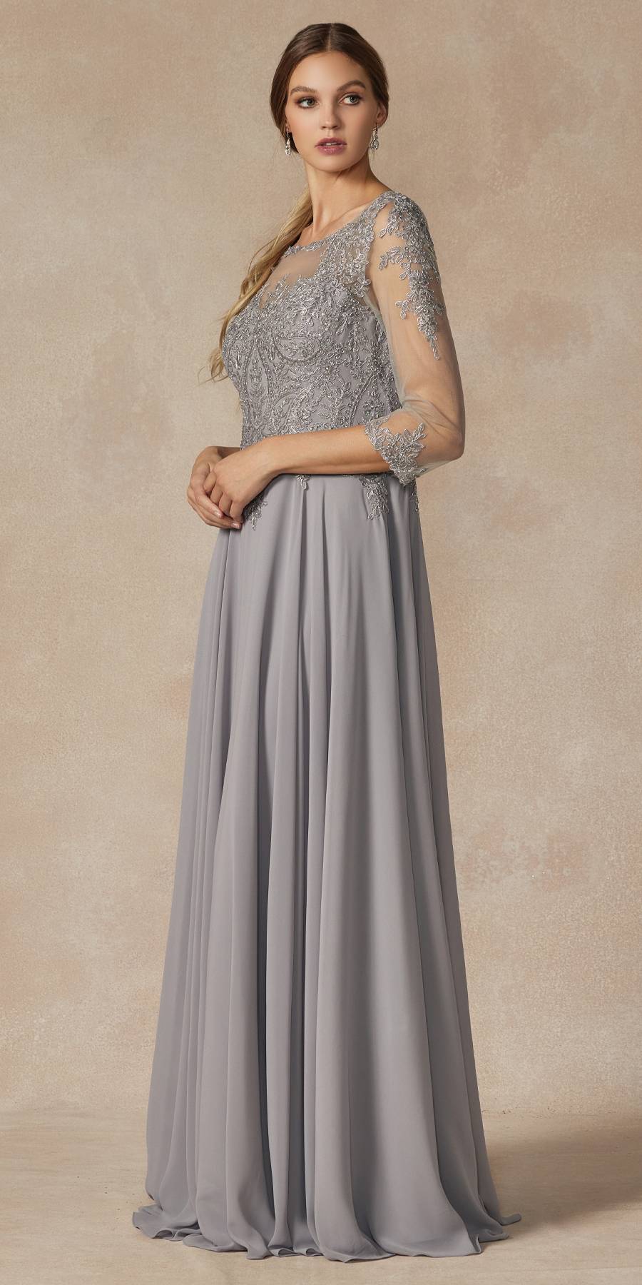 Juliet M12 Quarter Sleeved Embroidered Long A-Line Chiffon Dress by DiscountDressShop