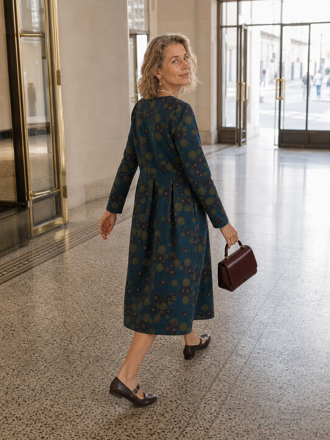 100% Organic Cotton Ruched Print Boat Neck Midi Dress CRESSIDA DestGlow