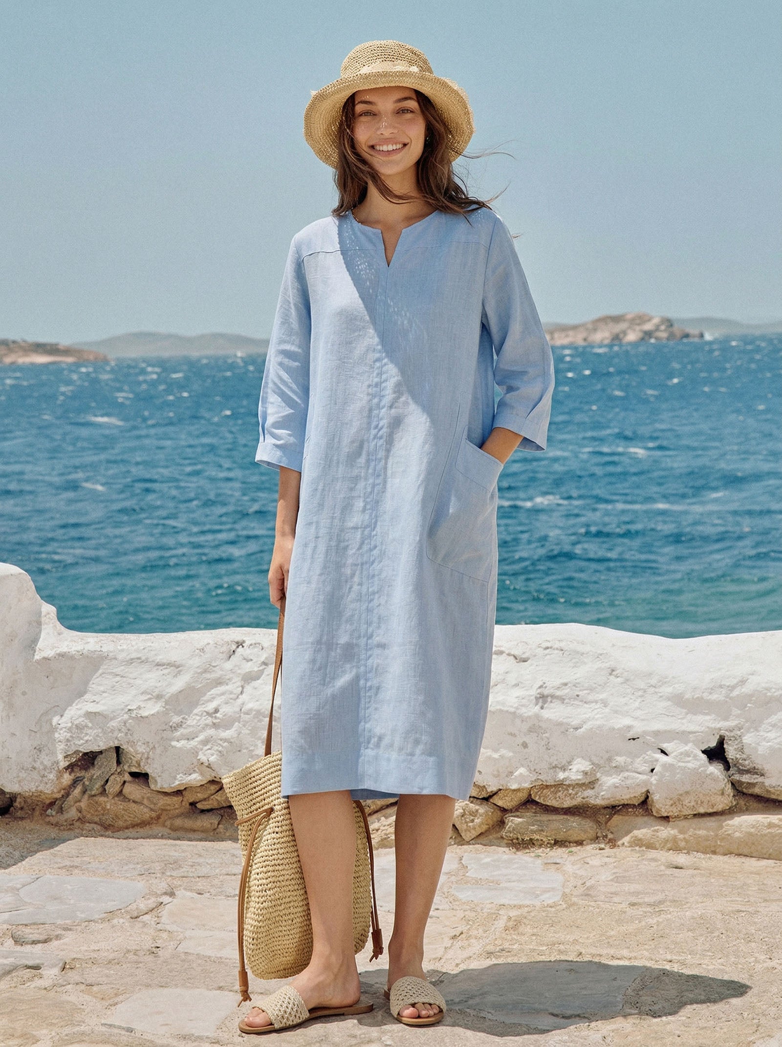 100% Linen Split-Neck Patch-Pocket Mini Dress KALINA by LINTICO