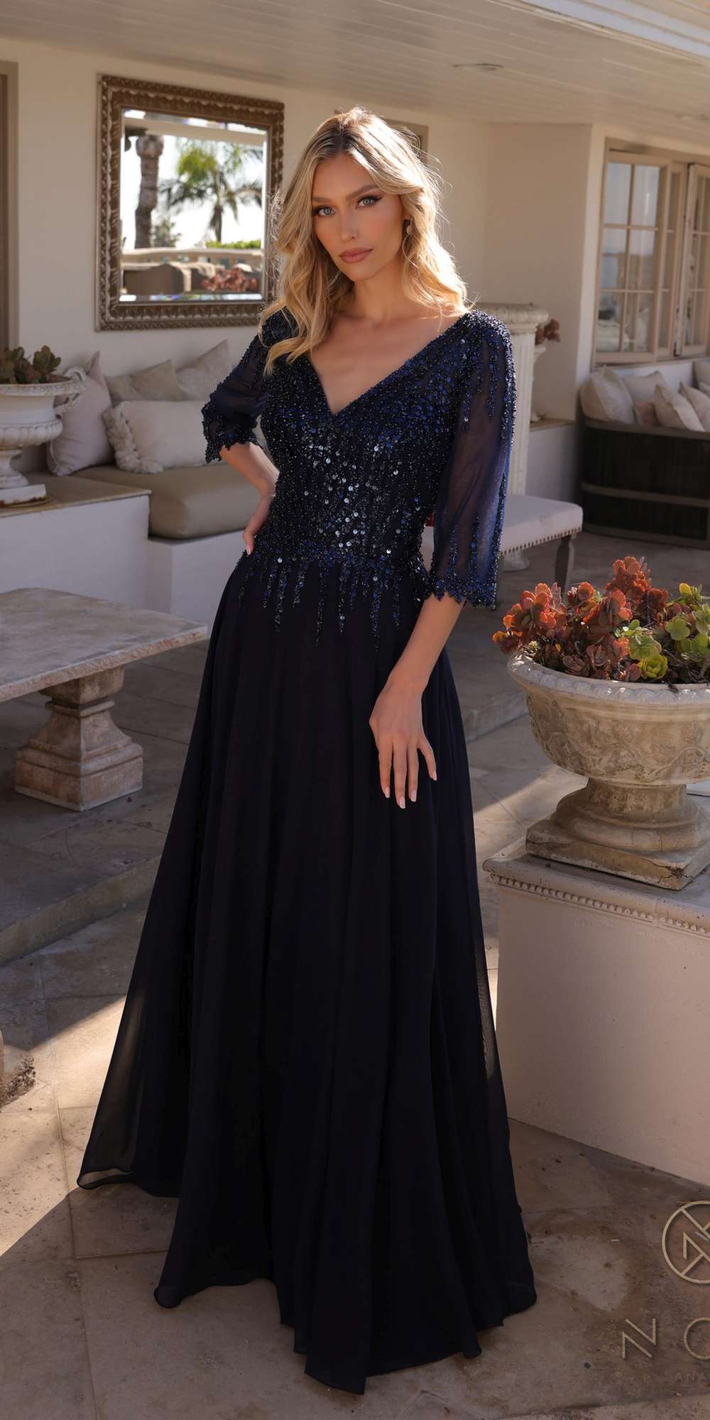 Nox Anabel MF100 Long Sequin Bodice 3/4 Sleeve A-line Gown by DiscountDressShop
