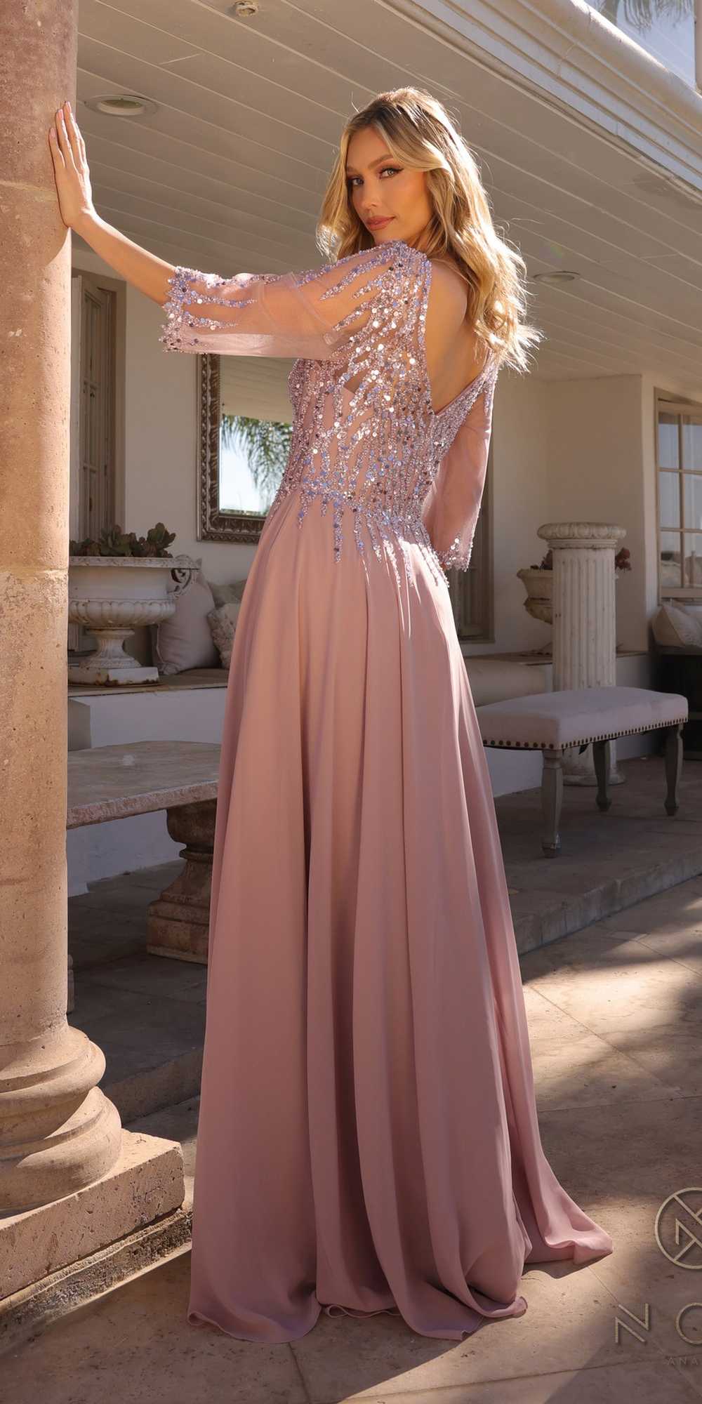 Nox Anabel MF100 Long Sequin Bodice 3/4 Sleeve A-line Gown by DiscountDressShop