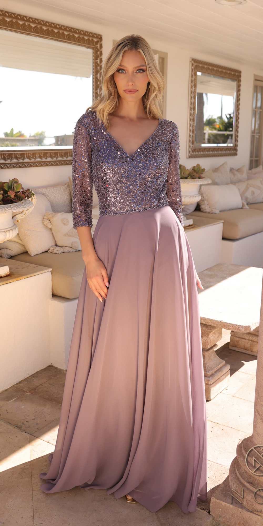 Nox Anabel MF103 Long Sequin Bodice 3/4 Sleeve A-line Gown by DiscountDressShop