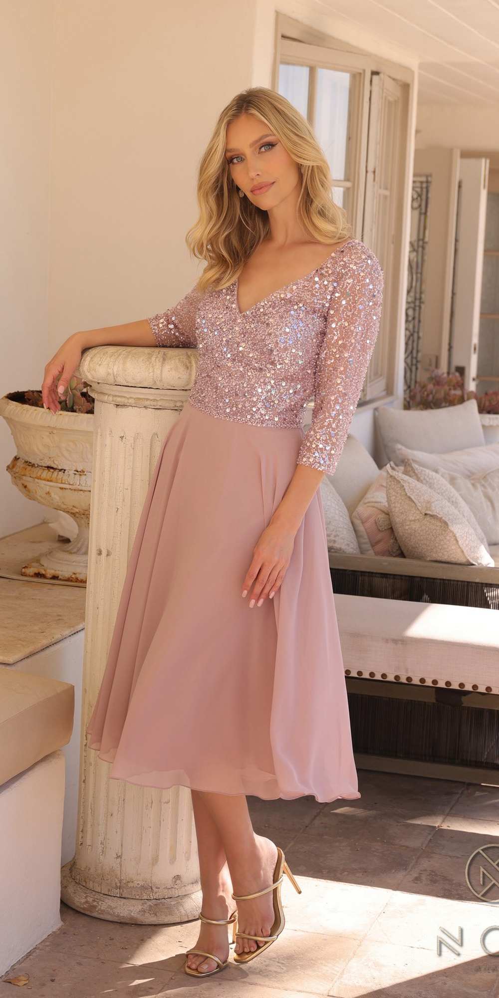 Nox Anabel MF104 Tea Length Sequin Bodice Short 3/4 Sleeve Dress by DiscountDressShop