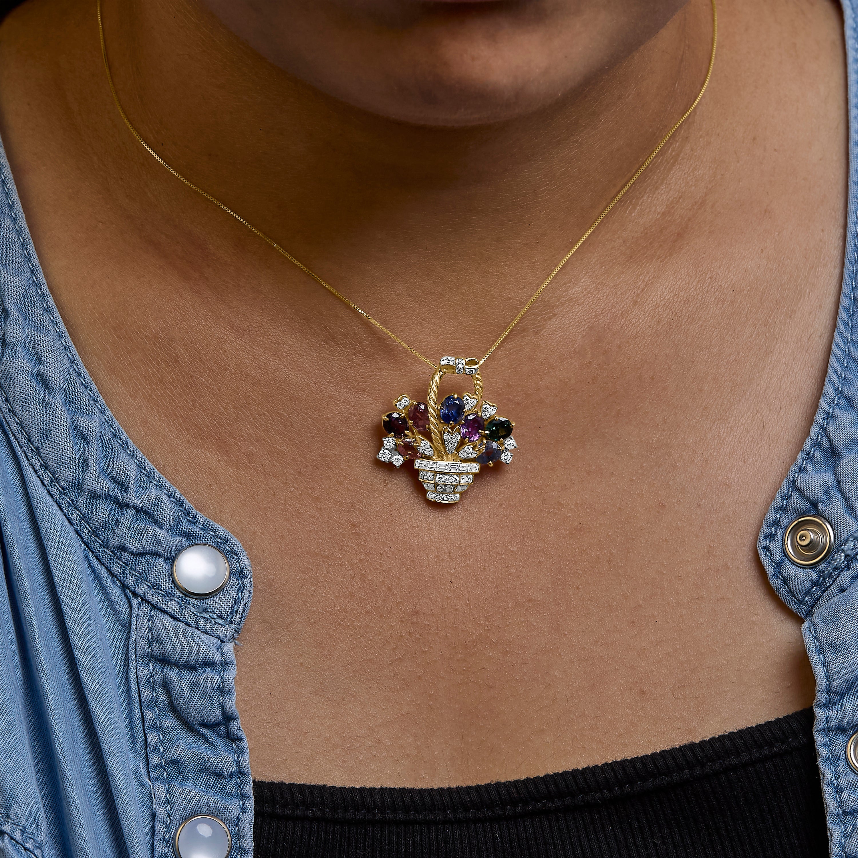 18K Yellow Gold 1 1/10 Cttw Diamond and Mixed Gemstone Floral Bouquet Pendant and Brooch Pin (G-H Color, VS1-VS2 Clarity) by Bids.com