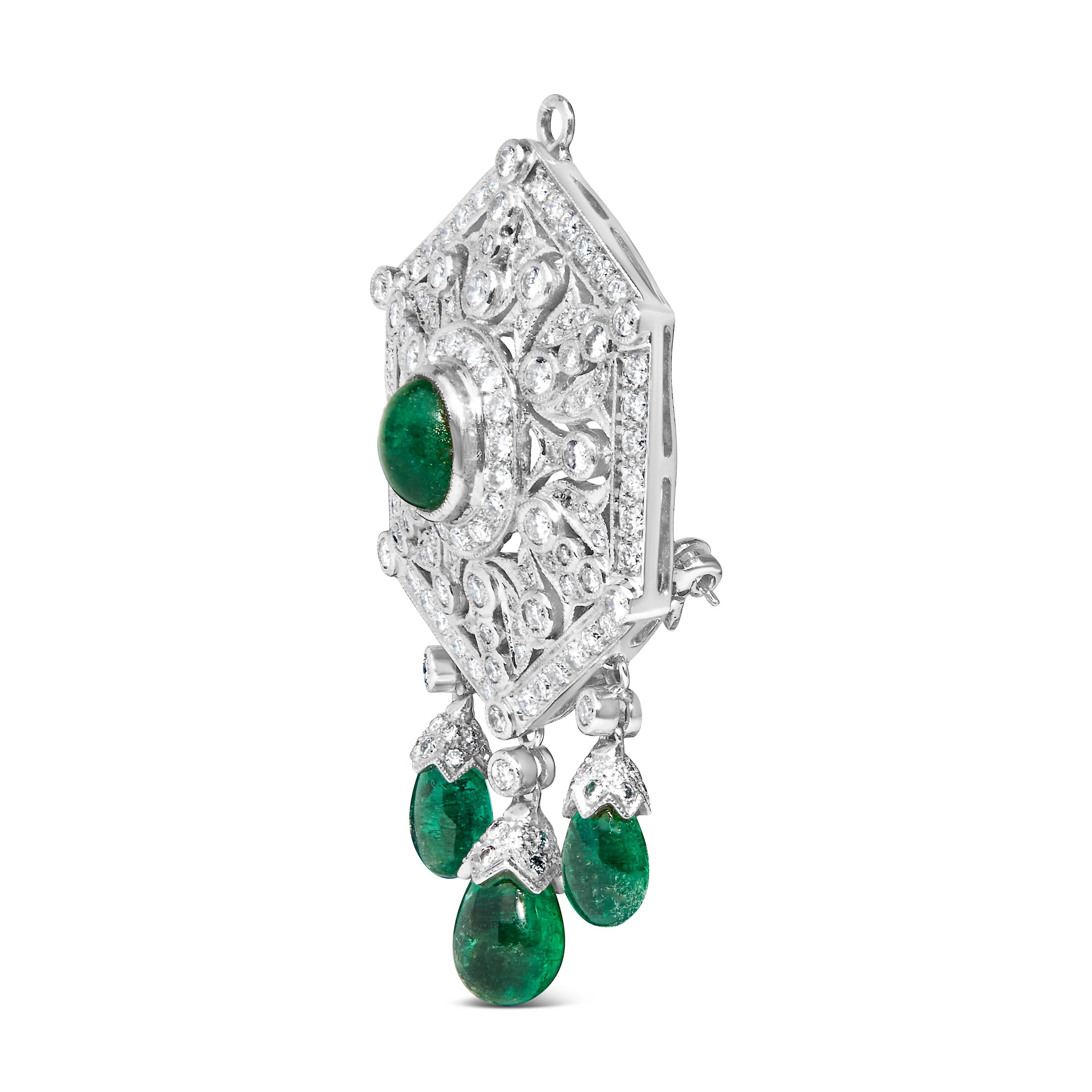 18K 2 3/4 Cttw Diamond and Emerald Dangle Art Deco Shield Brooch Pin Pendant (G-H Color, VS1-VS2 Clarity) CHAIN NOT INCLUDED by Bids.com