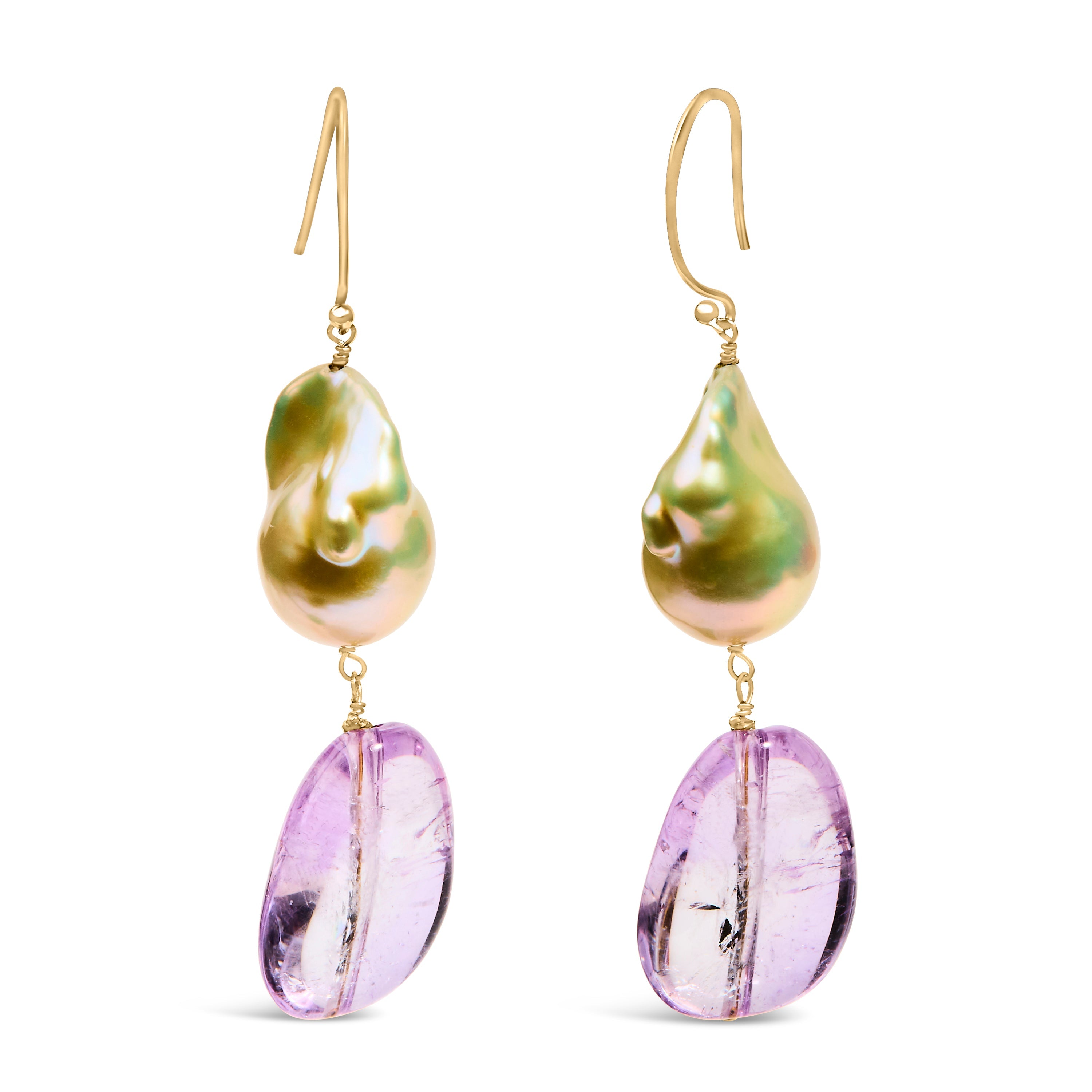 14K Yellow Gold Amethyst and Baroque Pearl Drop and Dangle Earrings 2" Inch Dangle Length by Bids.com