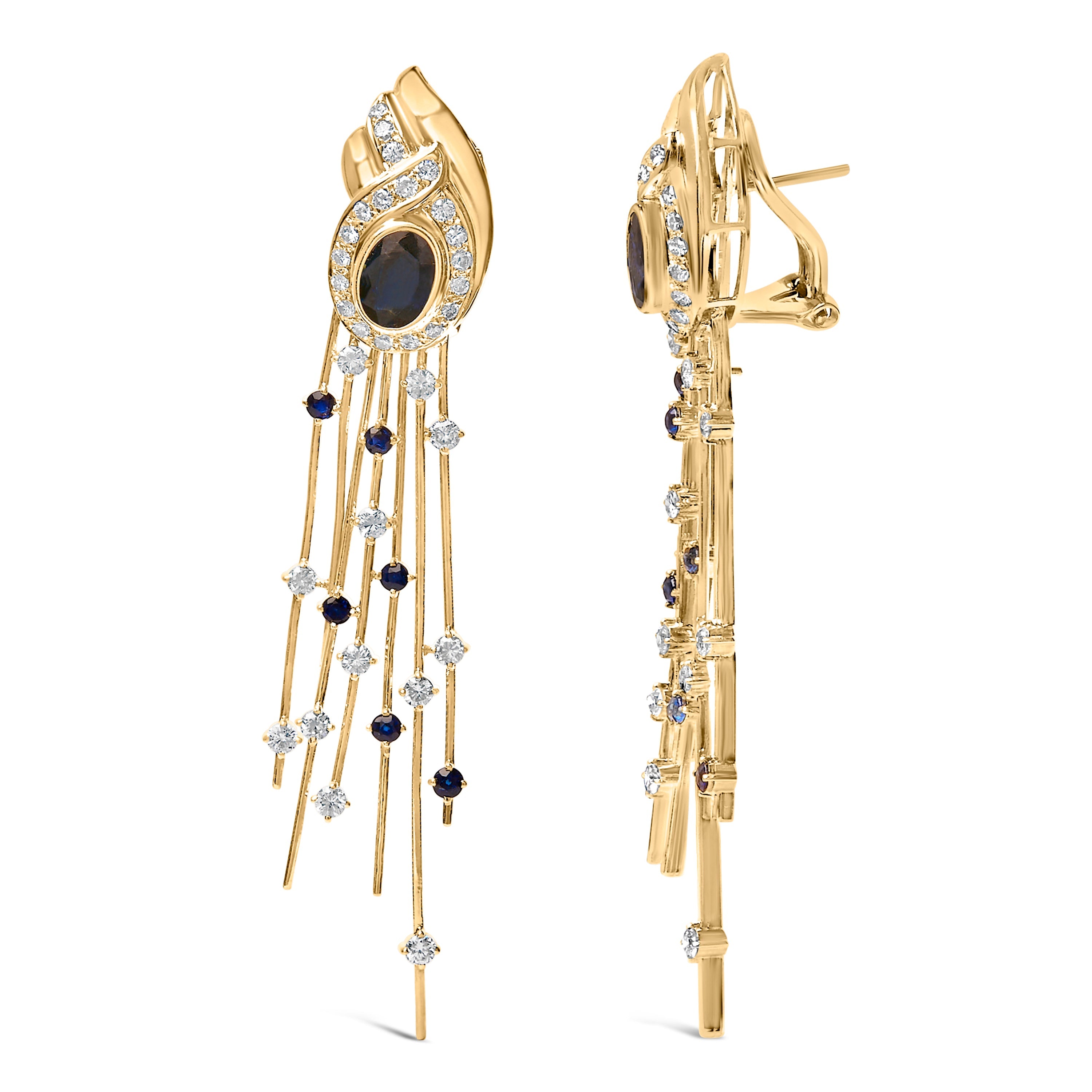 14K Yellow Gold 1.0 Cttw Diamond and Blue Sapphire Chandelier Earrings by Bids.com
